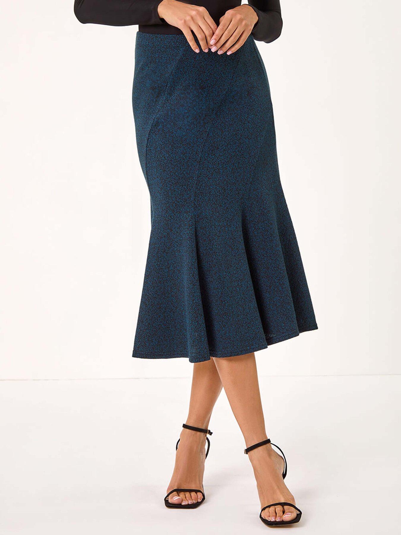 Image 1 of 4 of Roman Flared Textured Midi Stretch Skirt - Teal