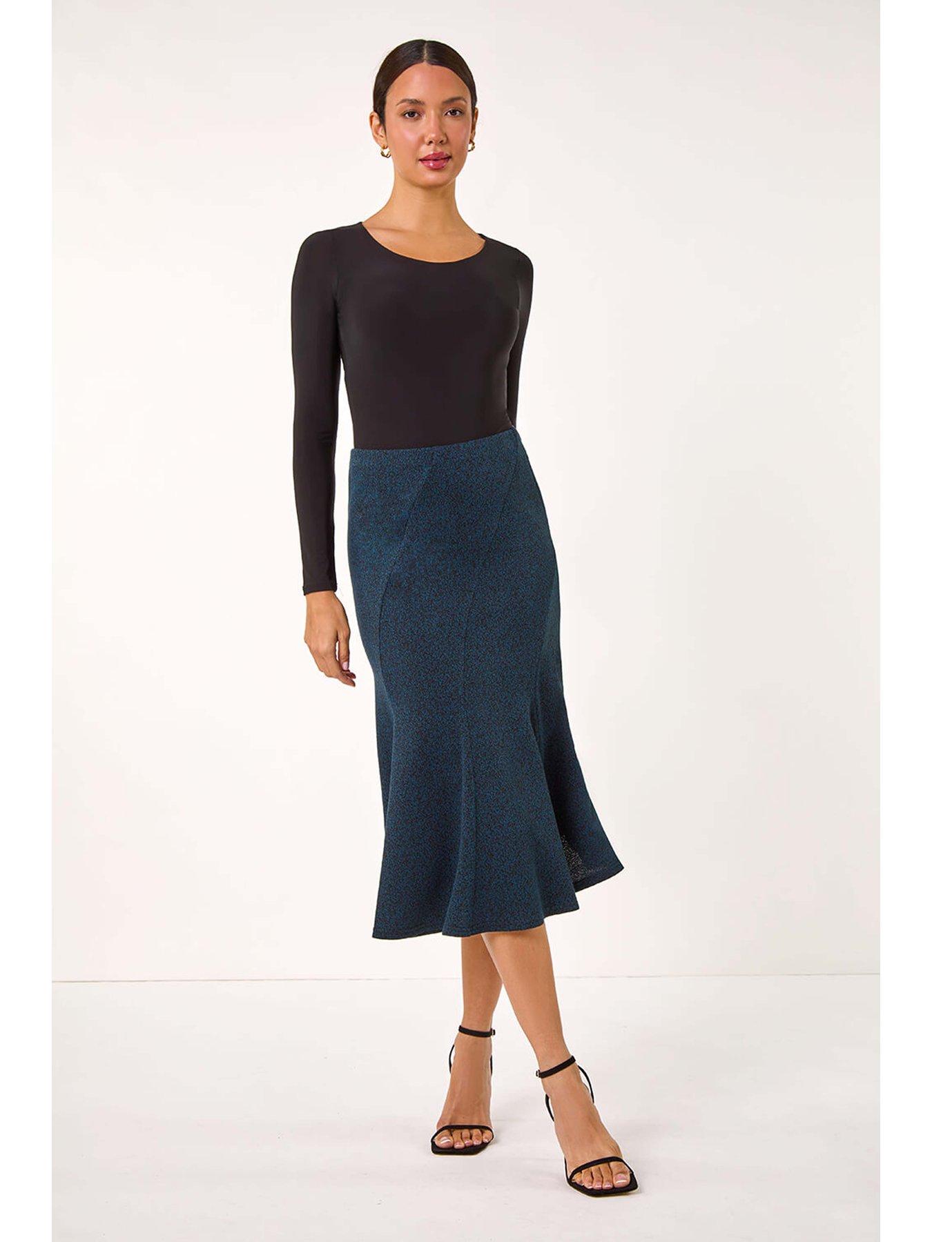 Image 3 of 4 of Roman Flared Textured Midi Stretch Skirt - Teal