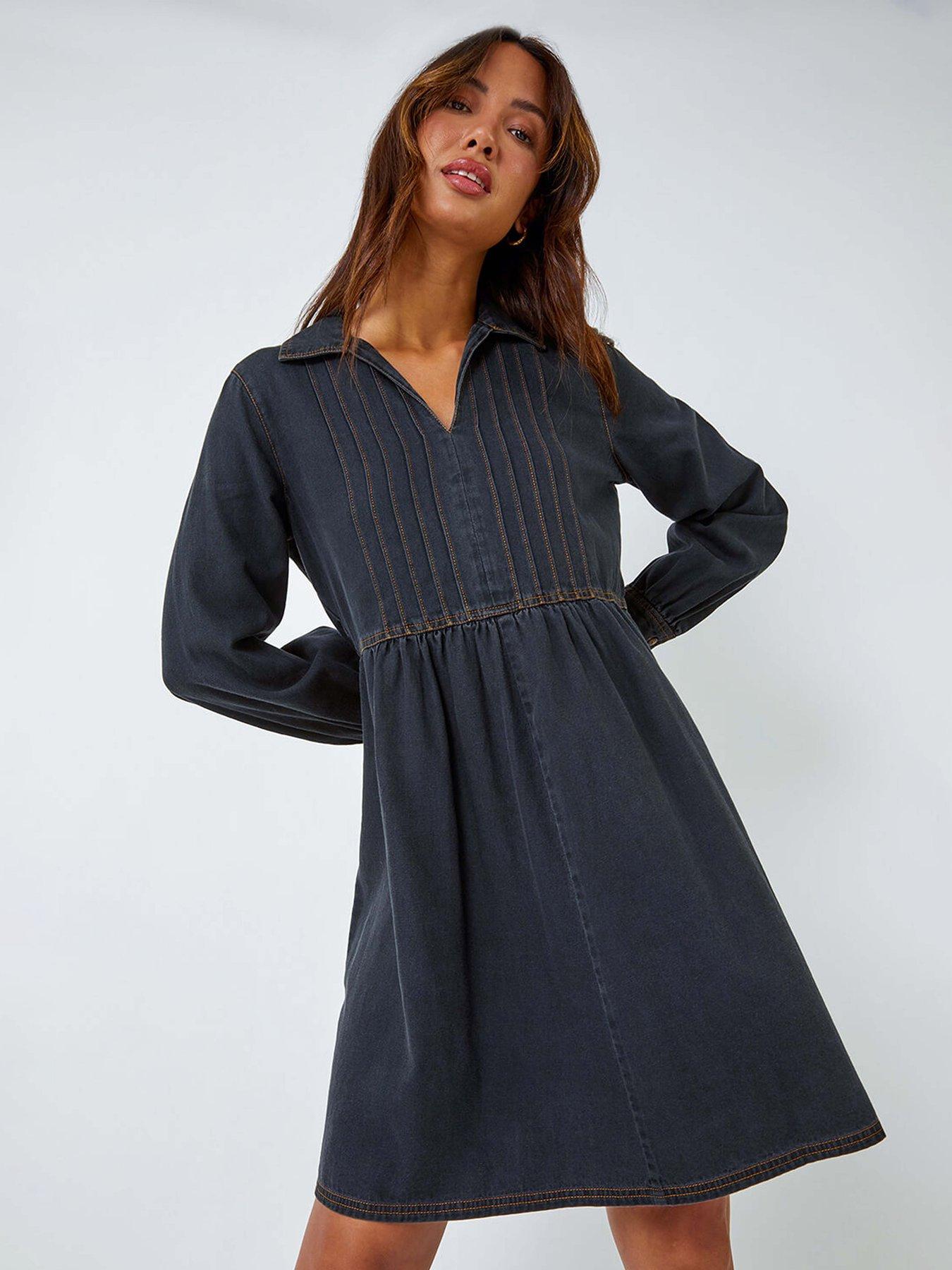 roman-cotton-blend-denim-shirt-dress-black