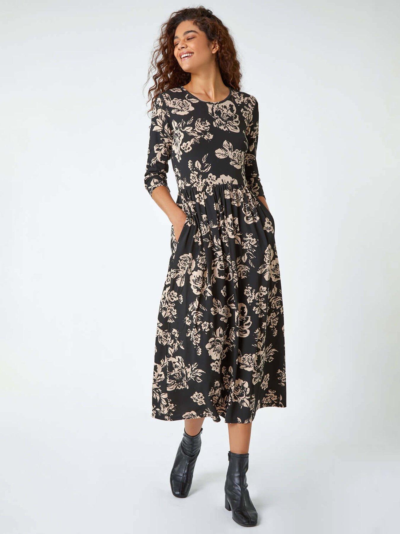 roman-floral-pocket-stretch-midi-dress-black