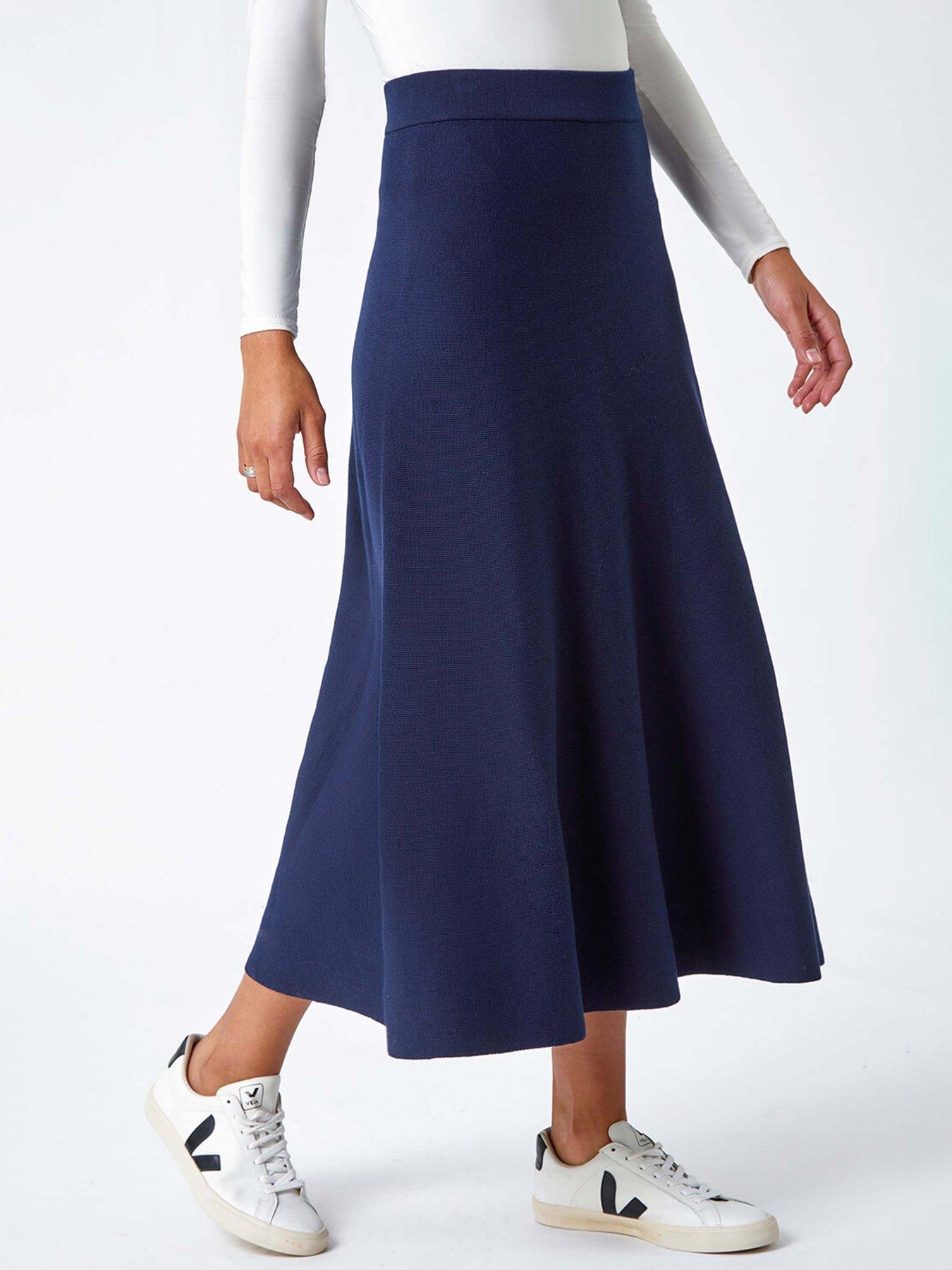 Roman Plain Knitted A Line Midi Skirt - Midnight Blue