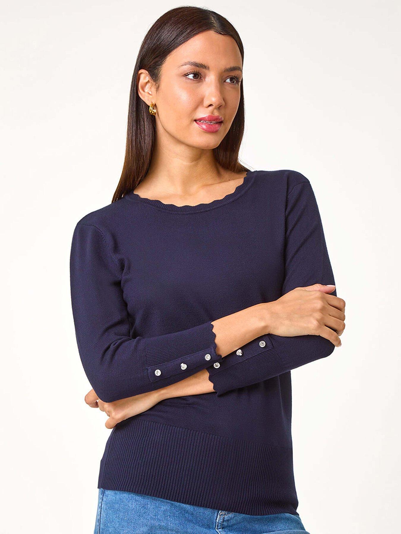 Roman Diamante Button Scallop Edge Jumper - Midnight Blue