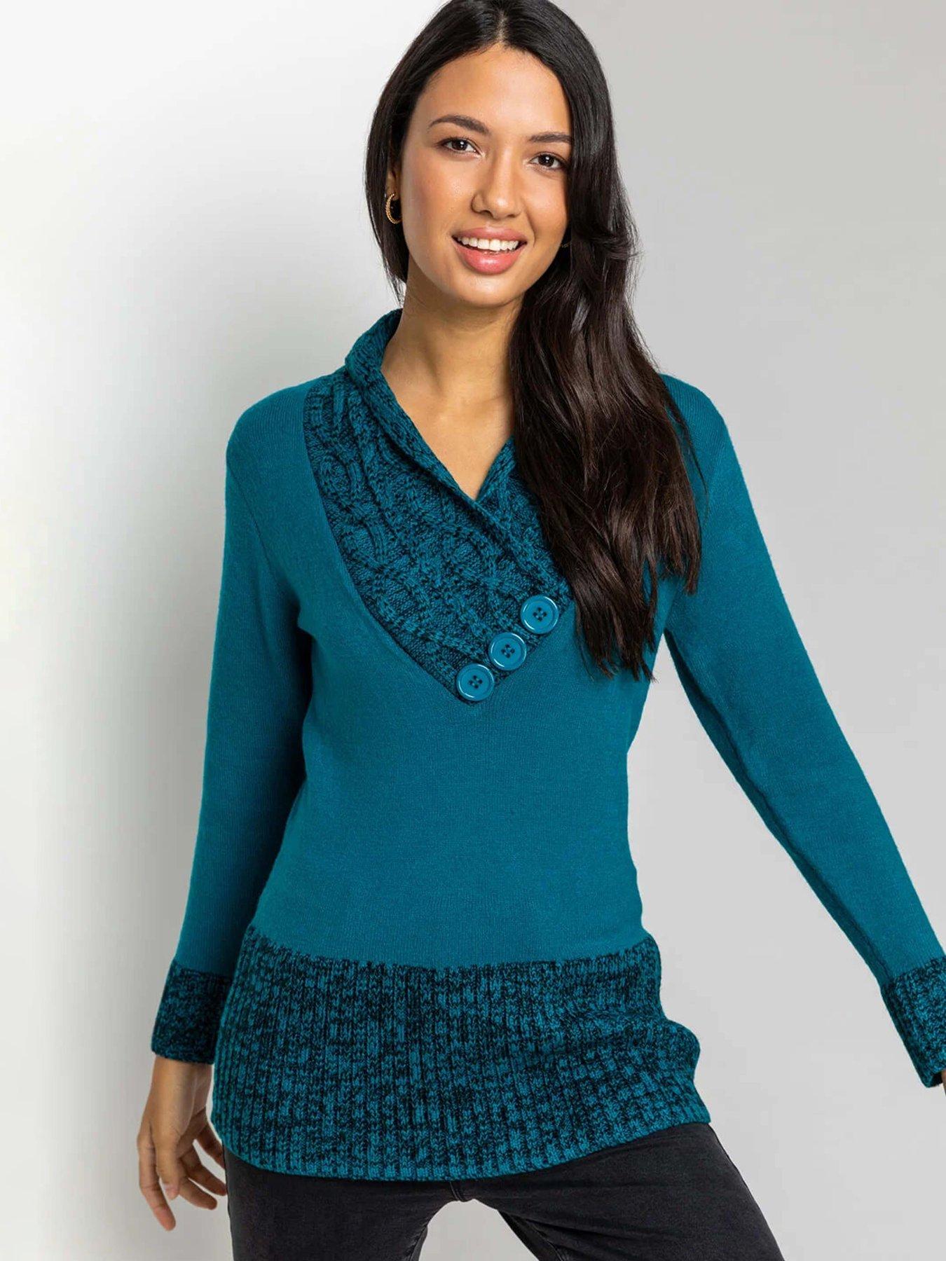 Roman V-neck Overlap Button Detail Longline Jumper - Teal