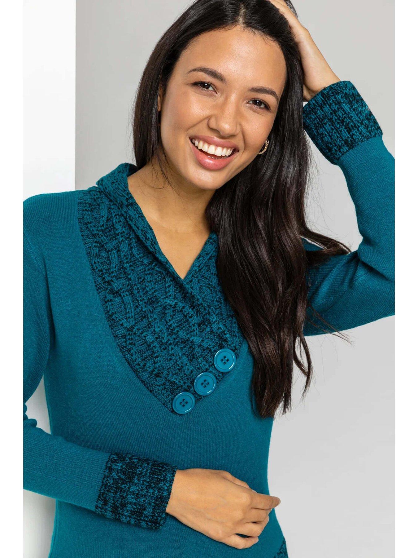roman-v-neck-overlap-button-detail-longline-jumper-tealoutfit
