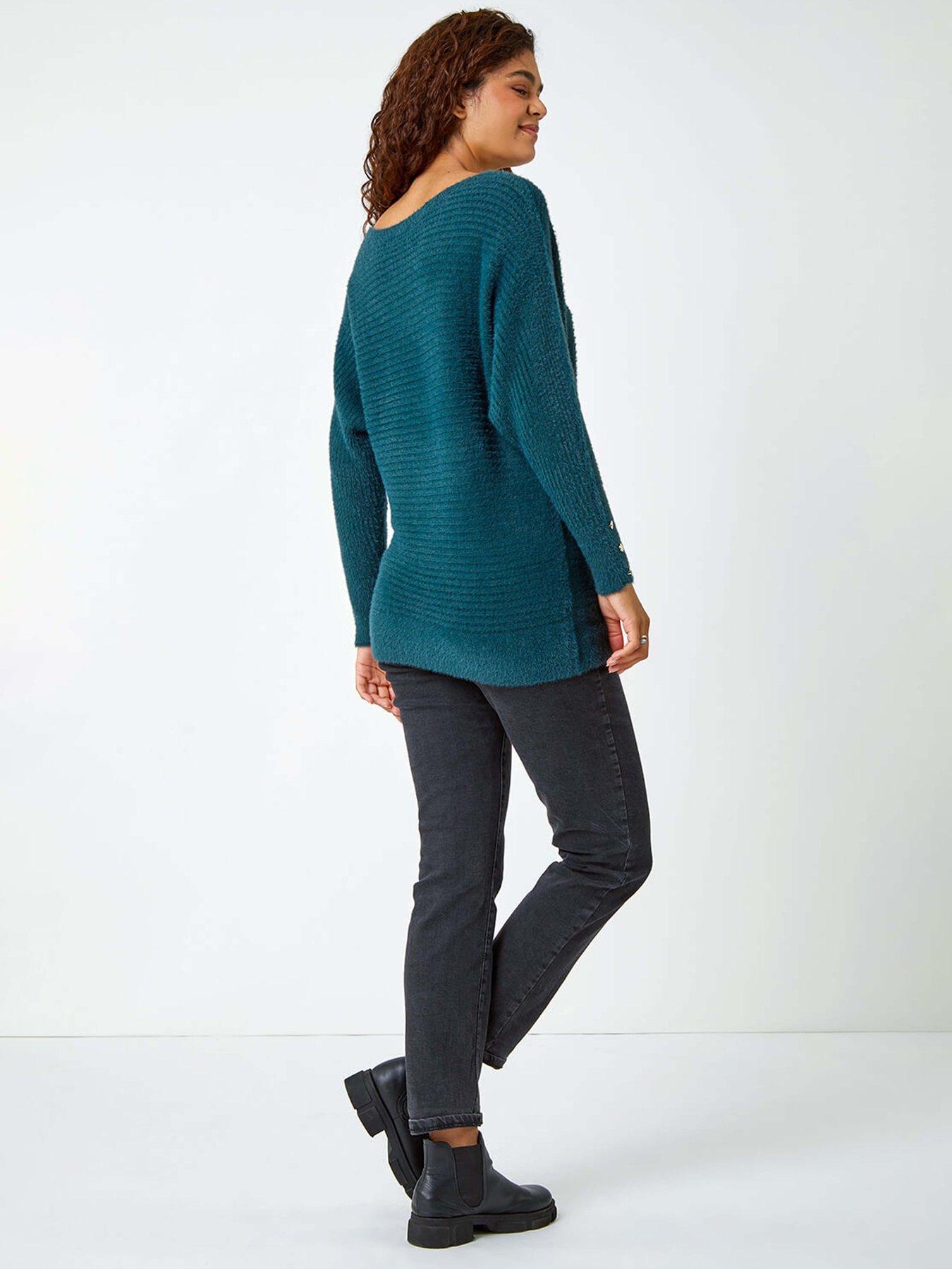 roman-button-sleeve-fluffy-longline-jumper-greenstillFront