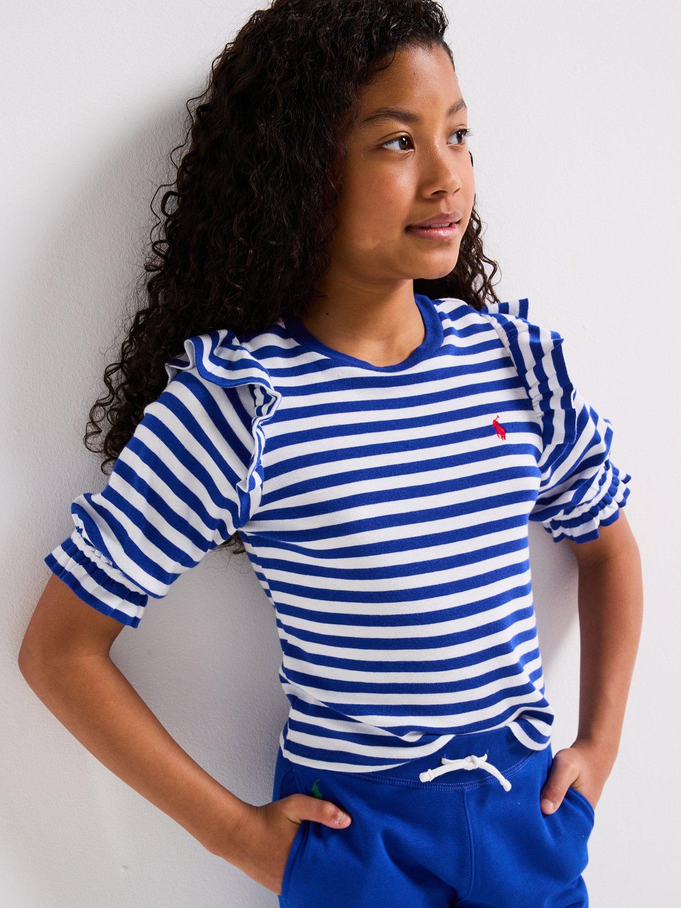 Polo Ralph Lauren Girls Stripe Frill Long Sleeve T-Shirt - White/Blue