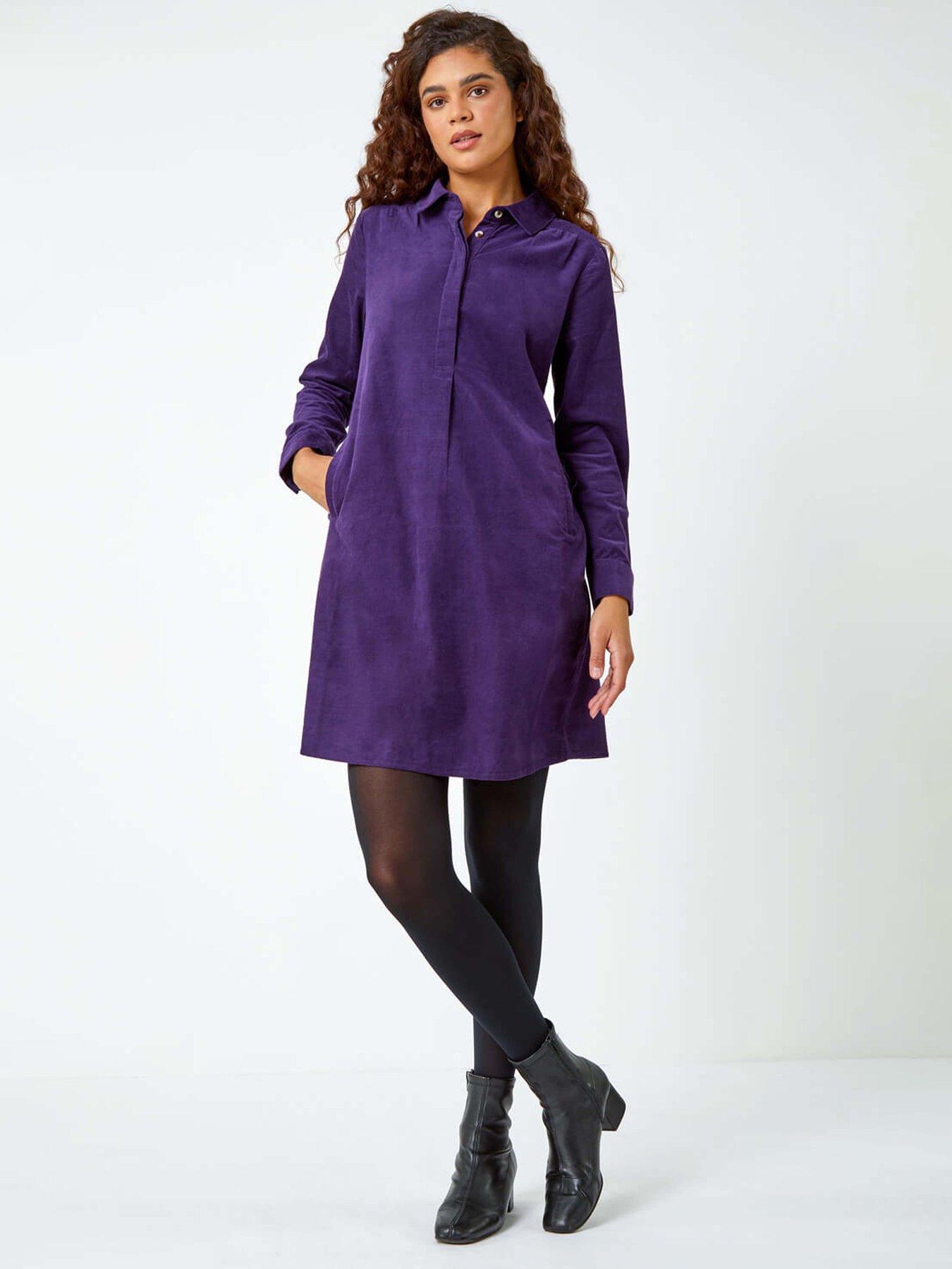 Roman Corduroy Tunic Shirt Dress - Purple