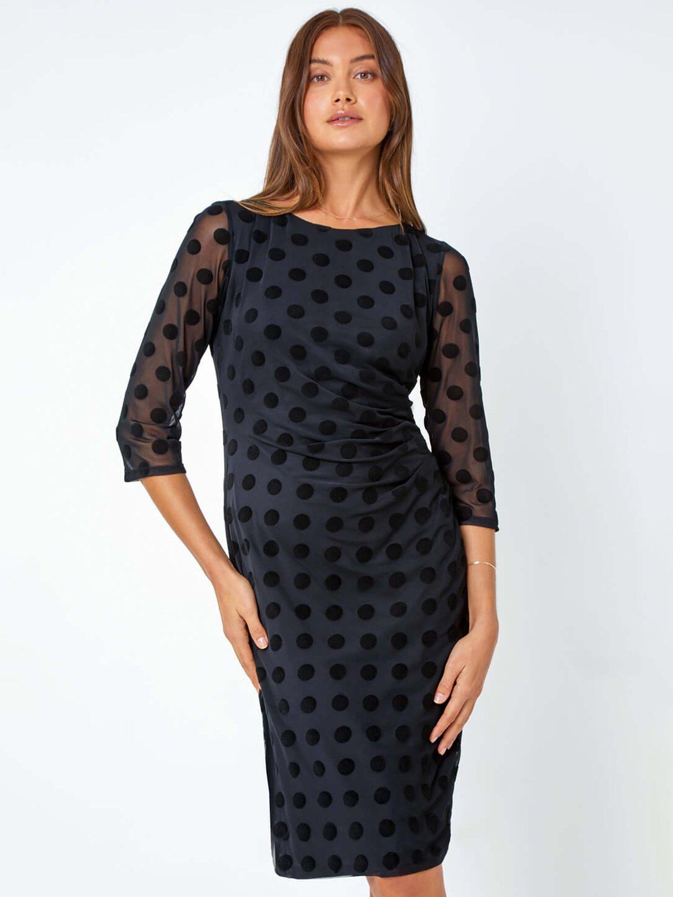 roman-polka-dot-ruched-stretch-dress-black