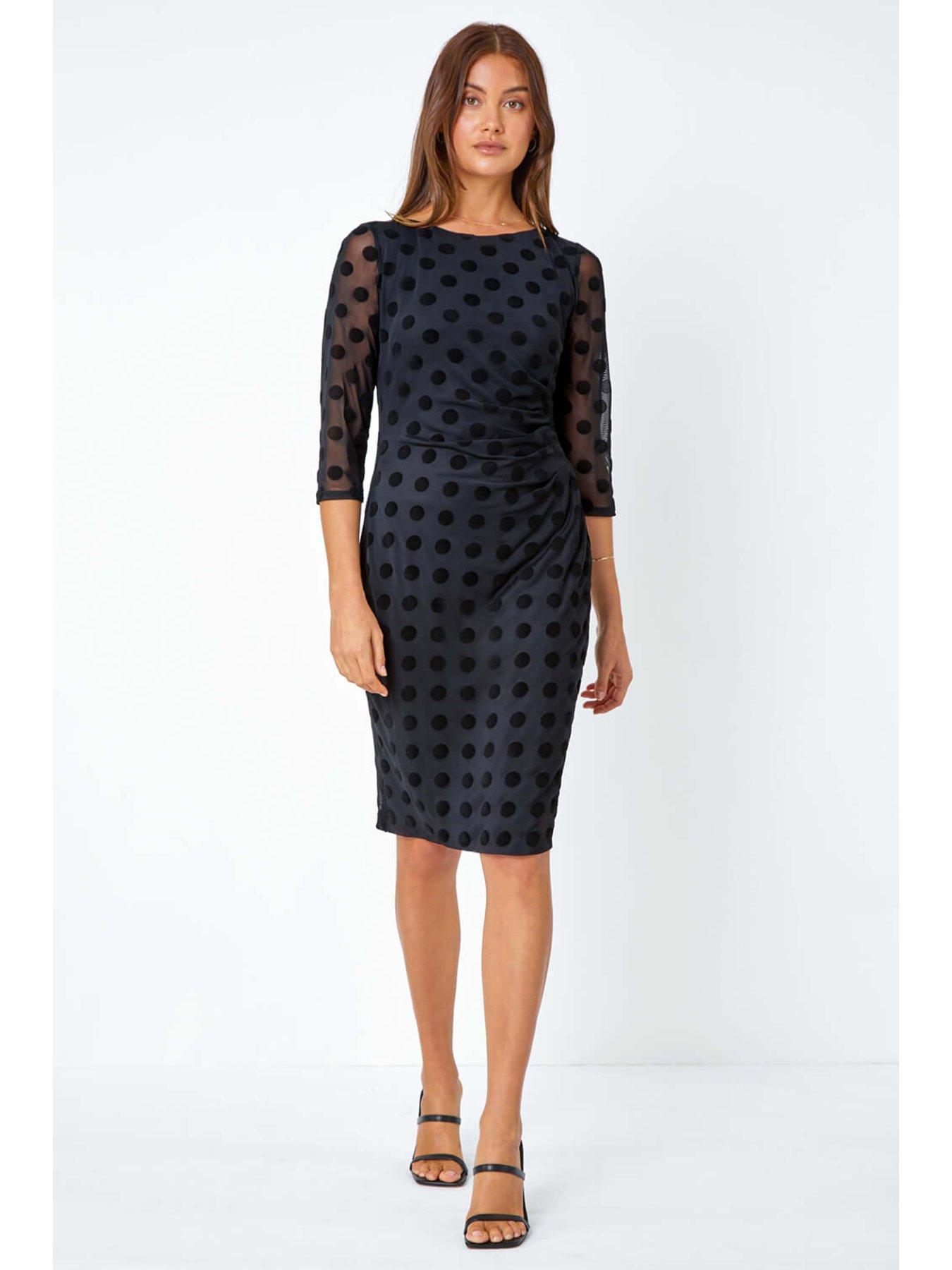 roman-polka-dot-ruched-stretch-dress-blackback