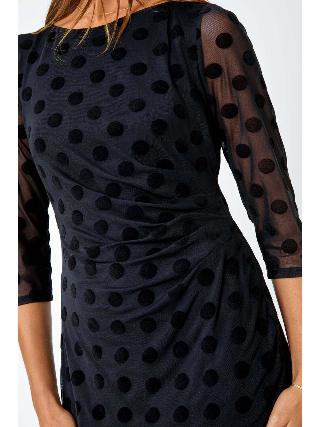 roman-polka-dot-ruched-stretch-dress-blackdetail