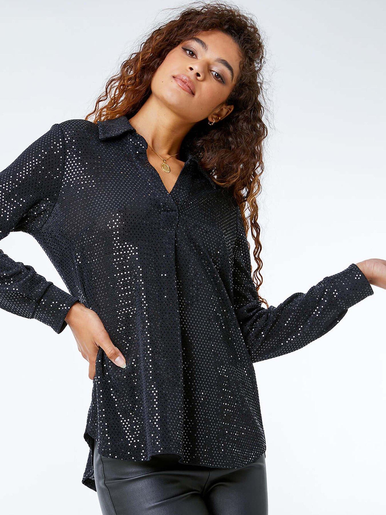 Roman Stretch Sequin V-neck Shirt - Black
