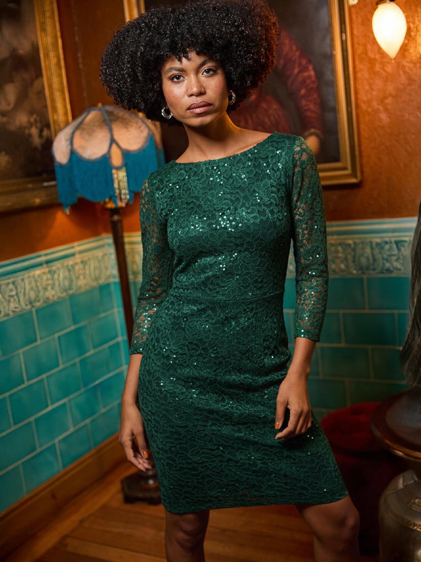 roman-sequin-lace-ruched-stretch-dress-green