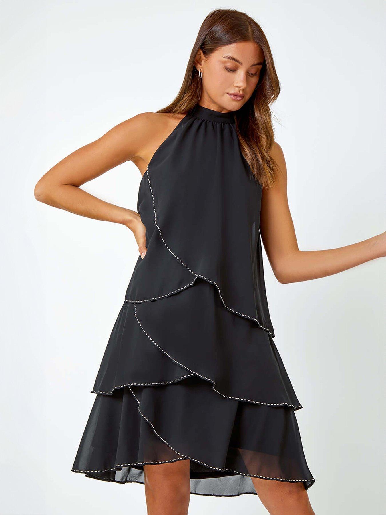 Roman Sequin Trim Tiered Halterneck Dress - Black