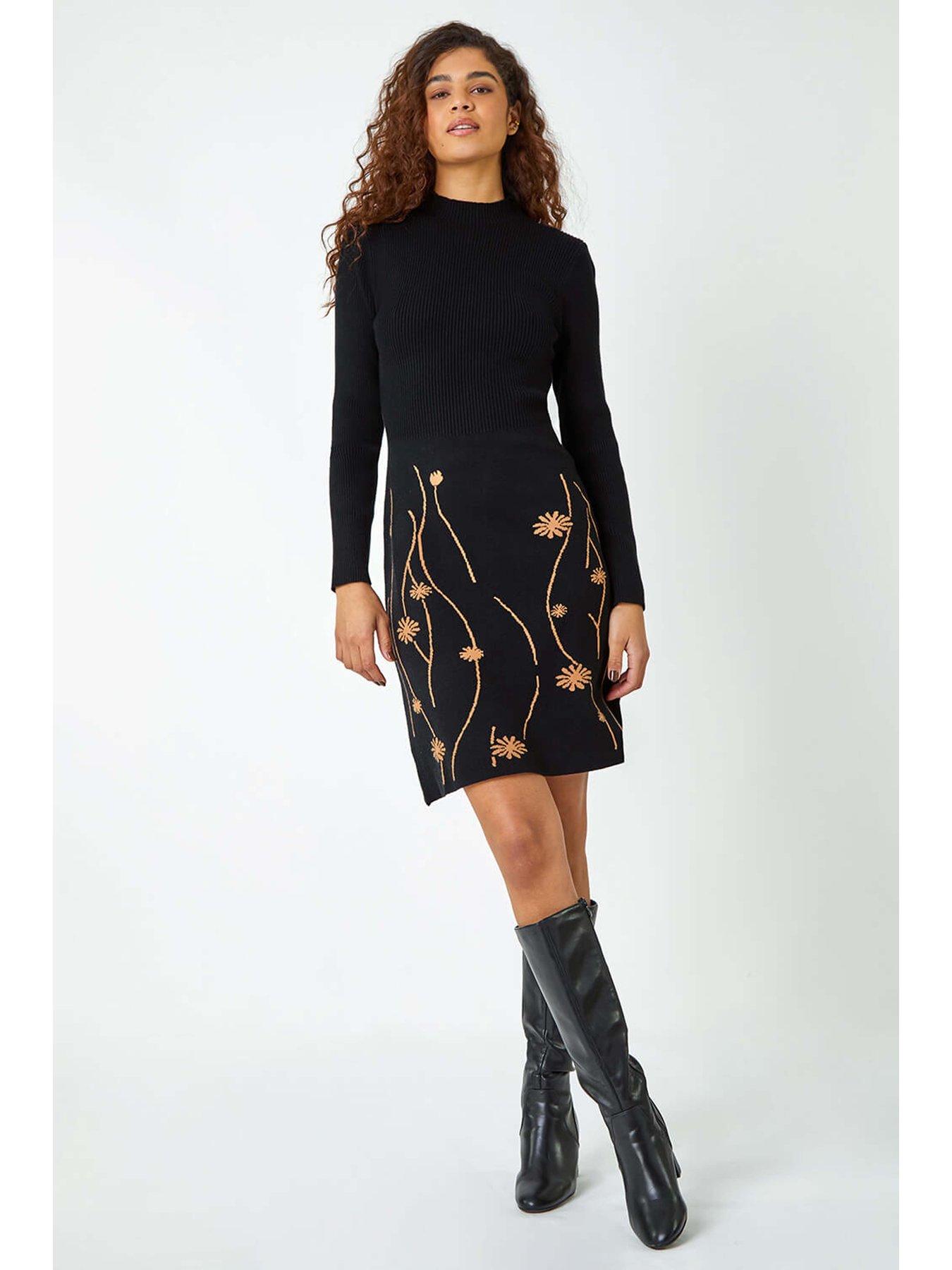roman-ribbed-knit-floral-stretch-dress-blackback