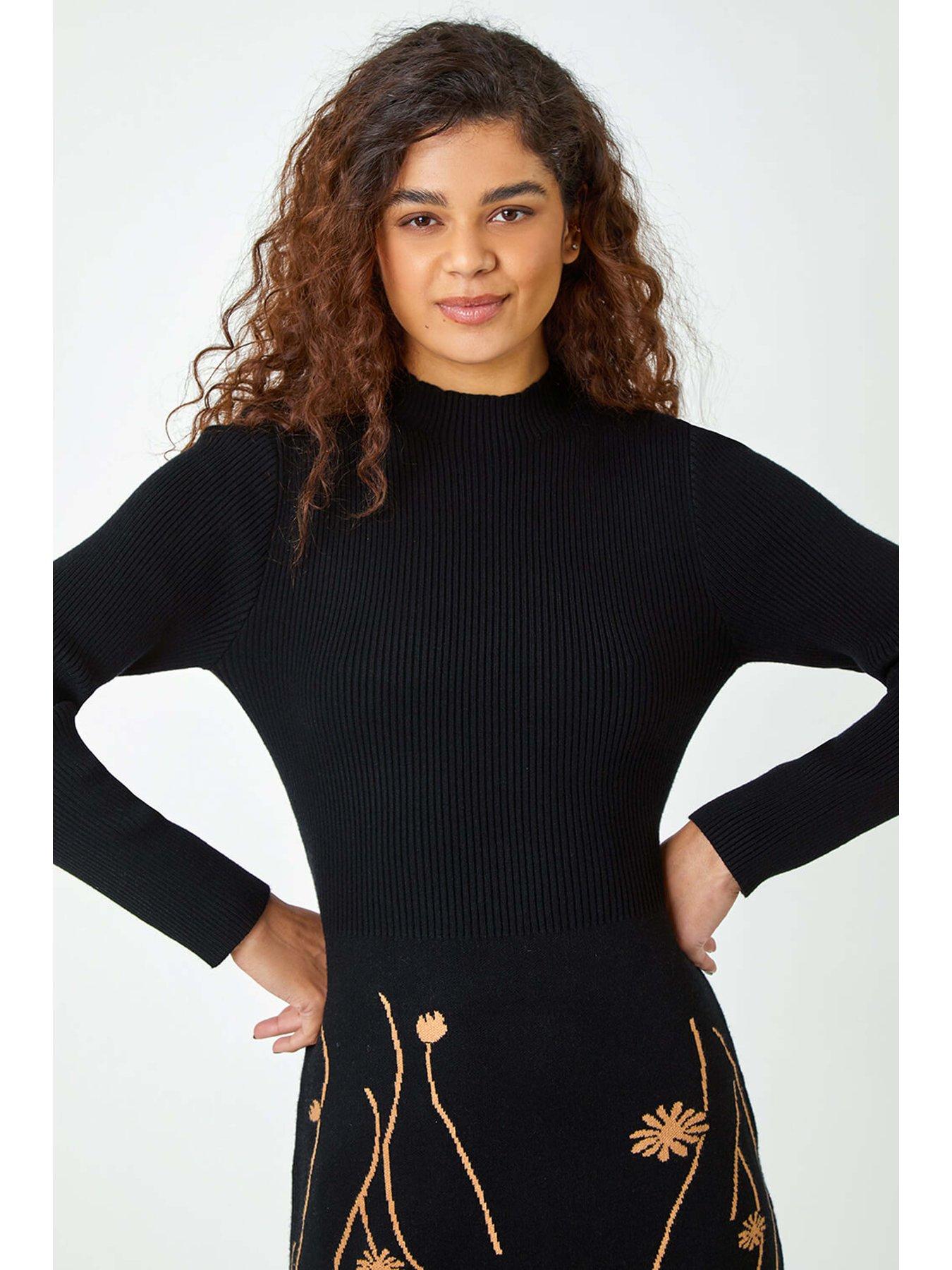 roman-ribbed-knit-floral-stretch-dress-blackoutfit