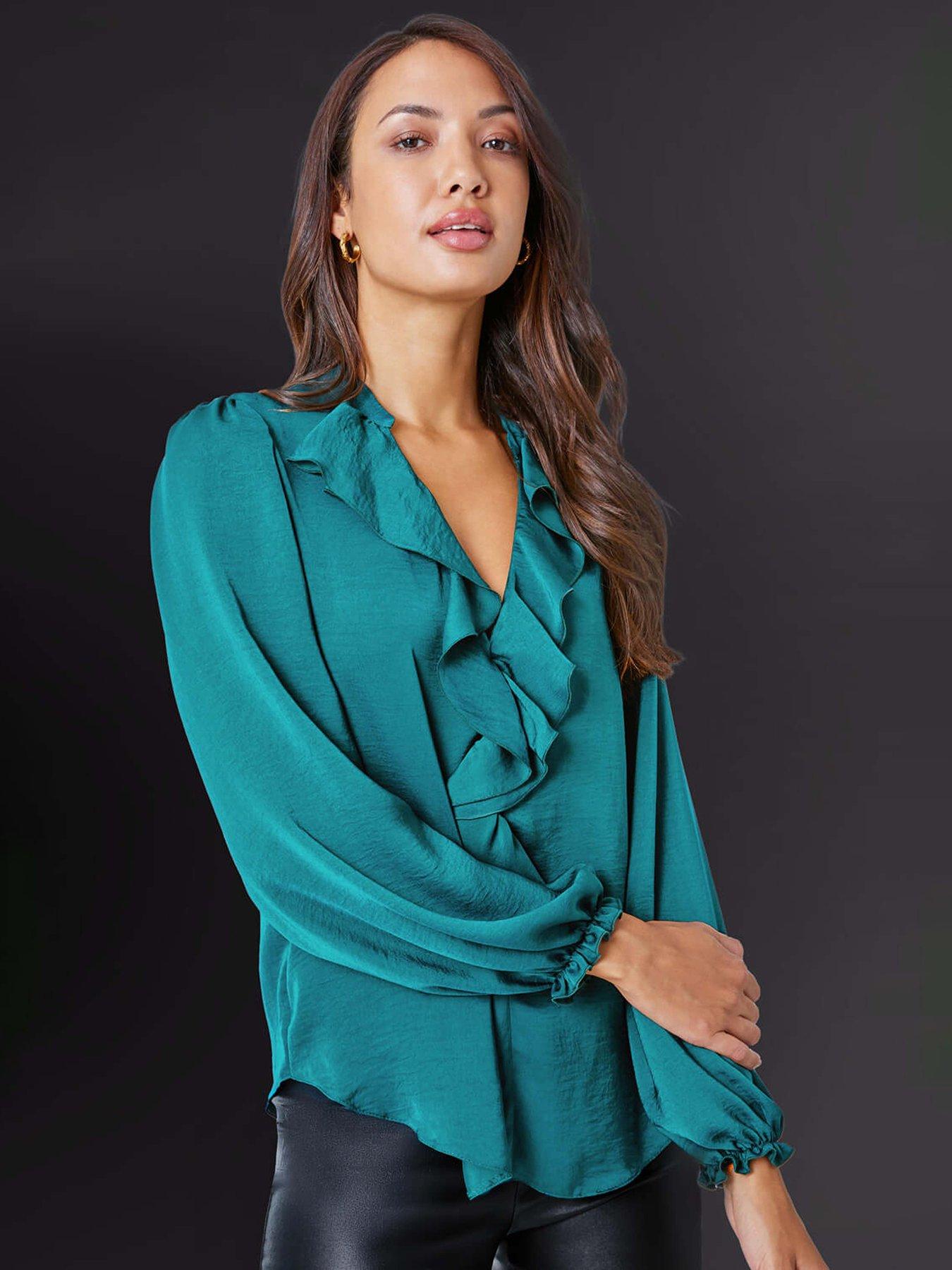 roman-satin-ruffle-neck-blouse-greenoutfit