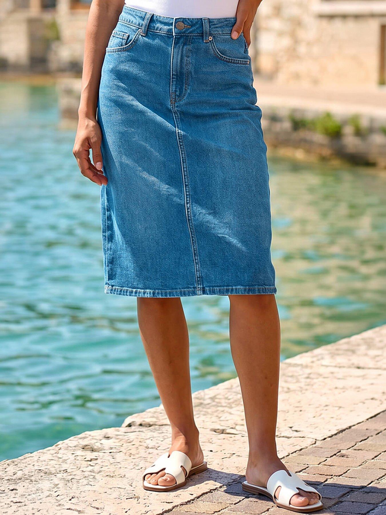 Roman Cotton Denim Stretch A Line Skirt - Denim
