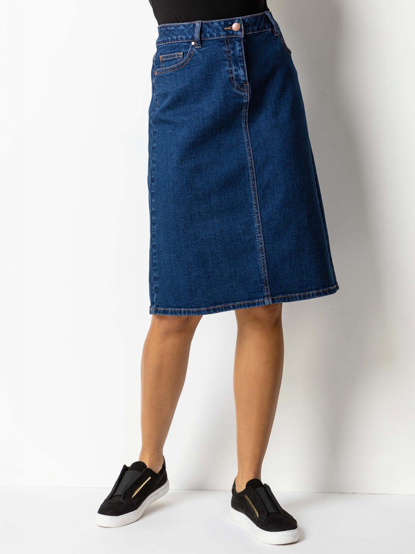 Roman Cotton Denim Stretch A Line Skirt - Indigo
