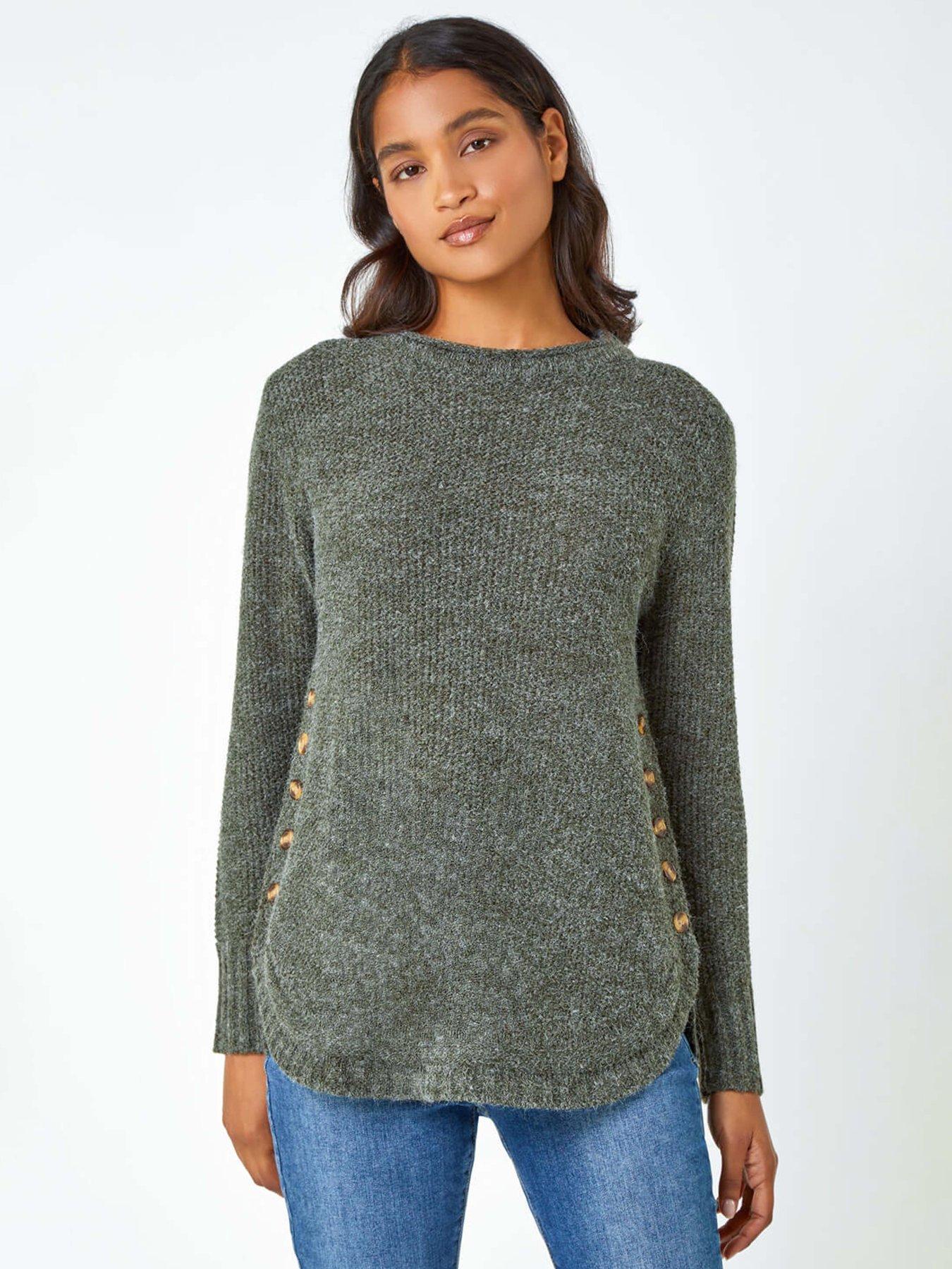 Roman Button Detail Curved Hem Jumper - Khaki