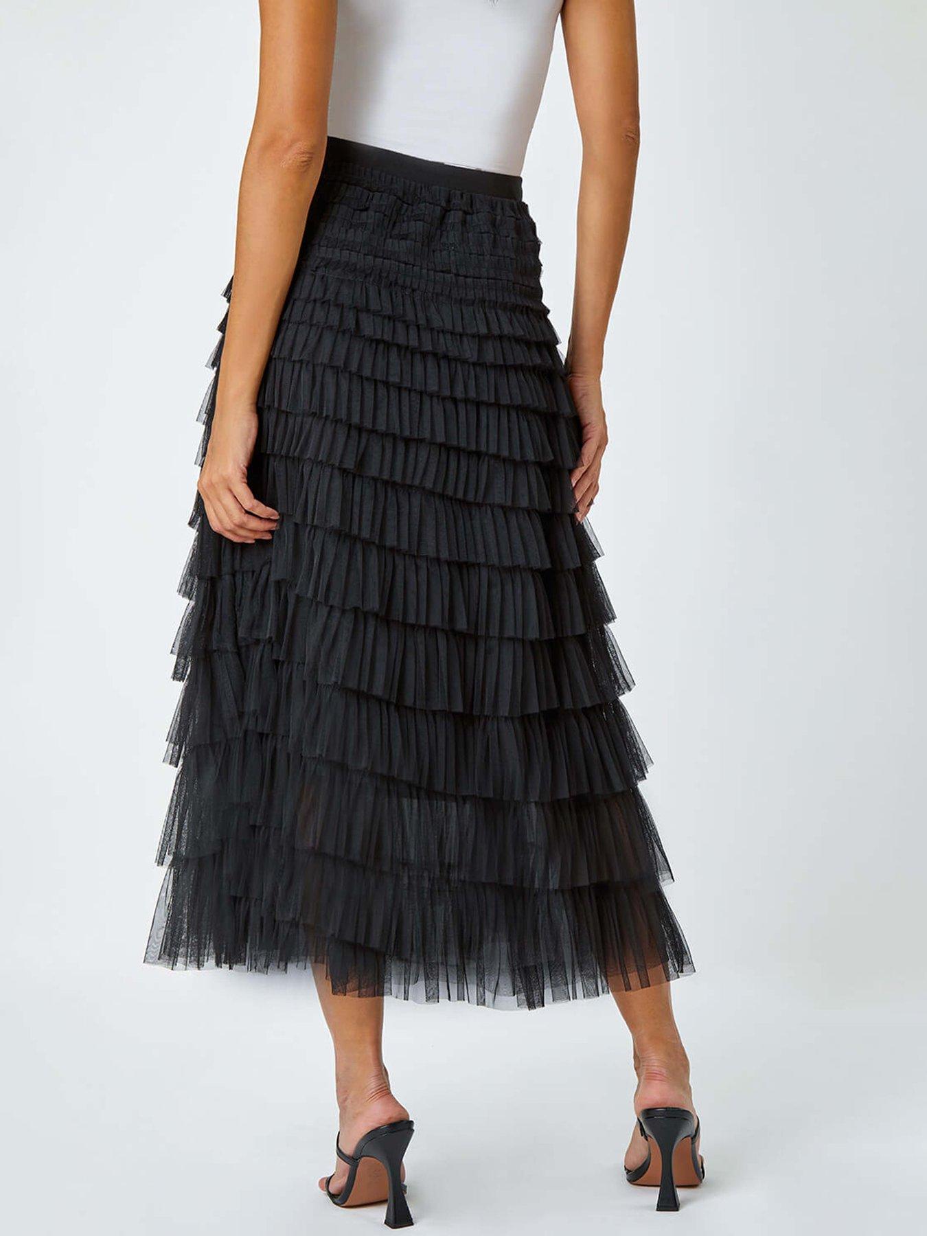 roman-elasticated-mesh-tiered-ruffle-skirt-blackstillFront