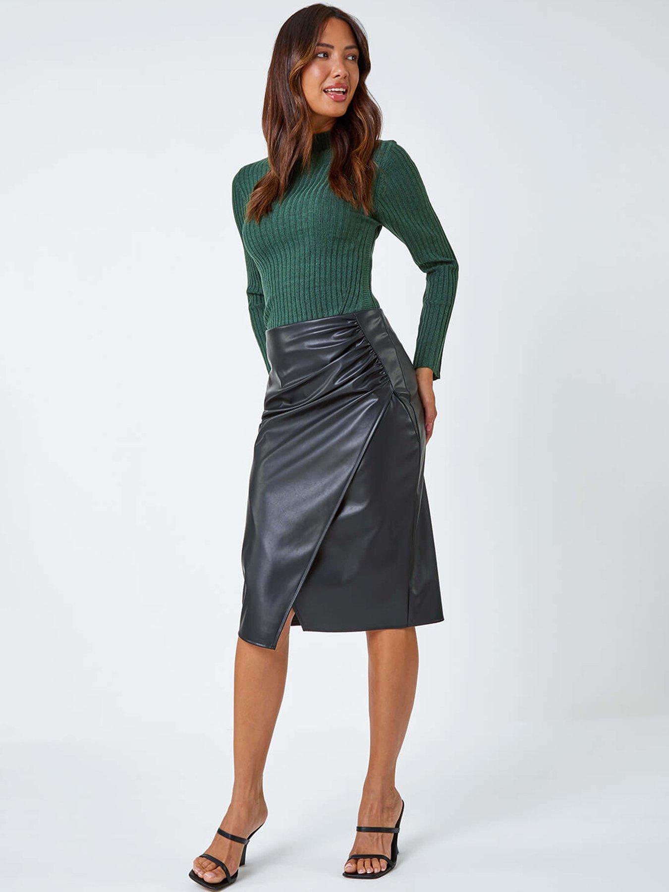 Image 3 of 5 of Roman Faux Leather Ruched Wrap Skirt - Black
