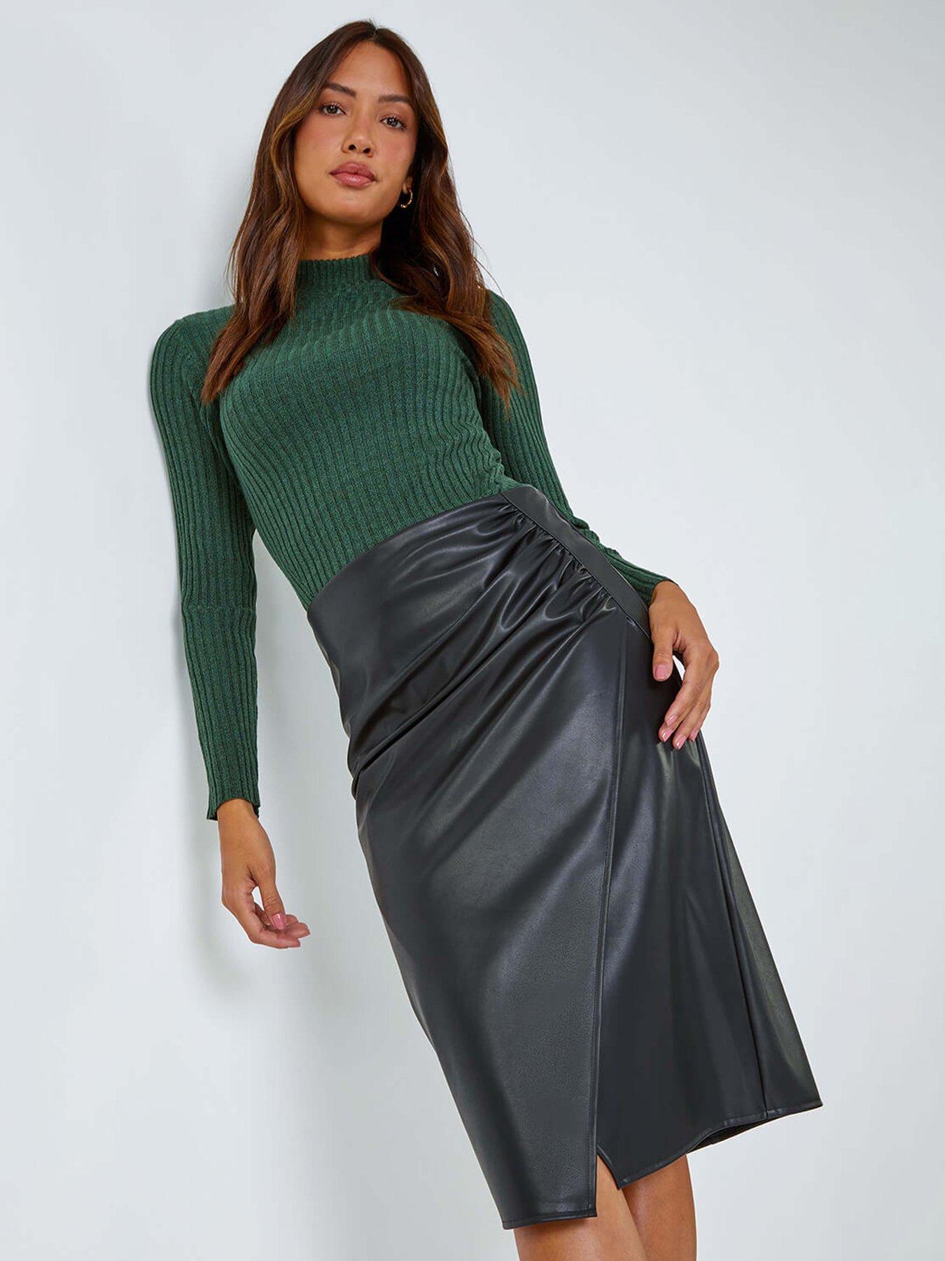 Image 4 of 5 of Roman Faux Leather Ruched Wrap Skirt - Black