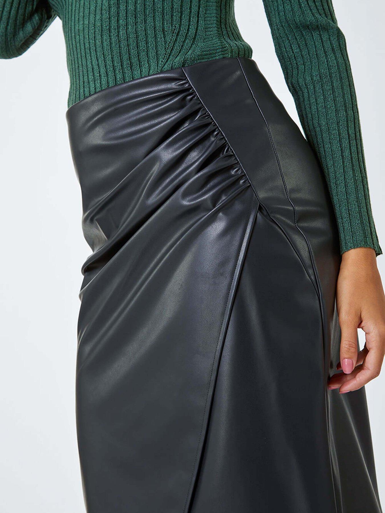 Image 5 of 5 of Roman Faux Leather Ruched Wrap Skirt - Black