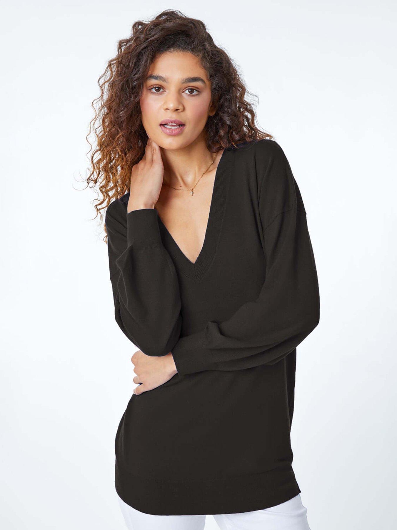 roman-plain-stretch-v-neck-longline-jumper-blackfront
