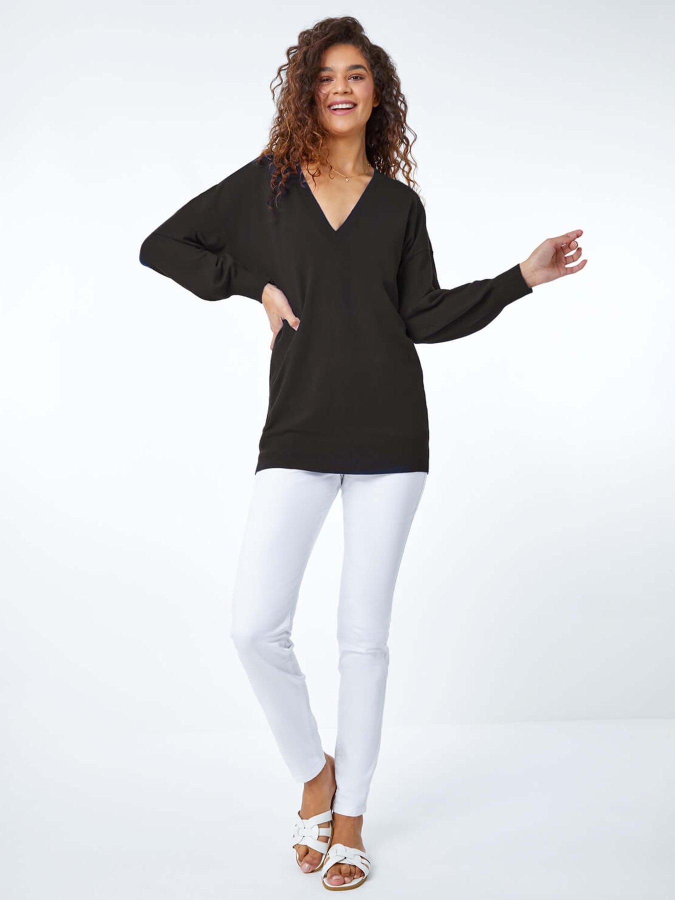 roman-plain-stretch-v-neck-longline-jumper-blackback