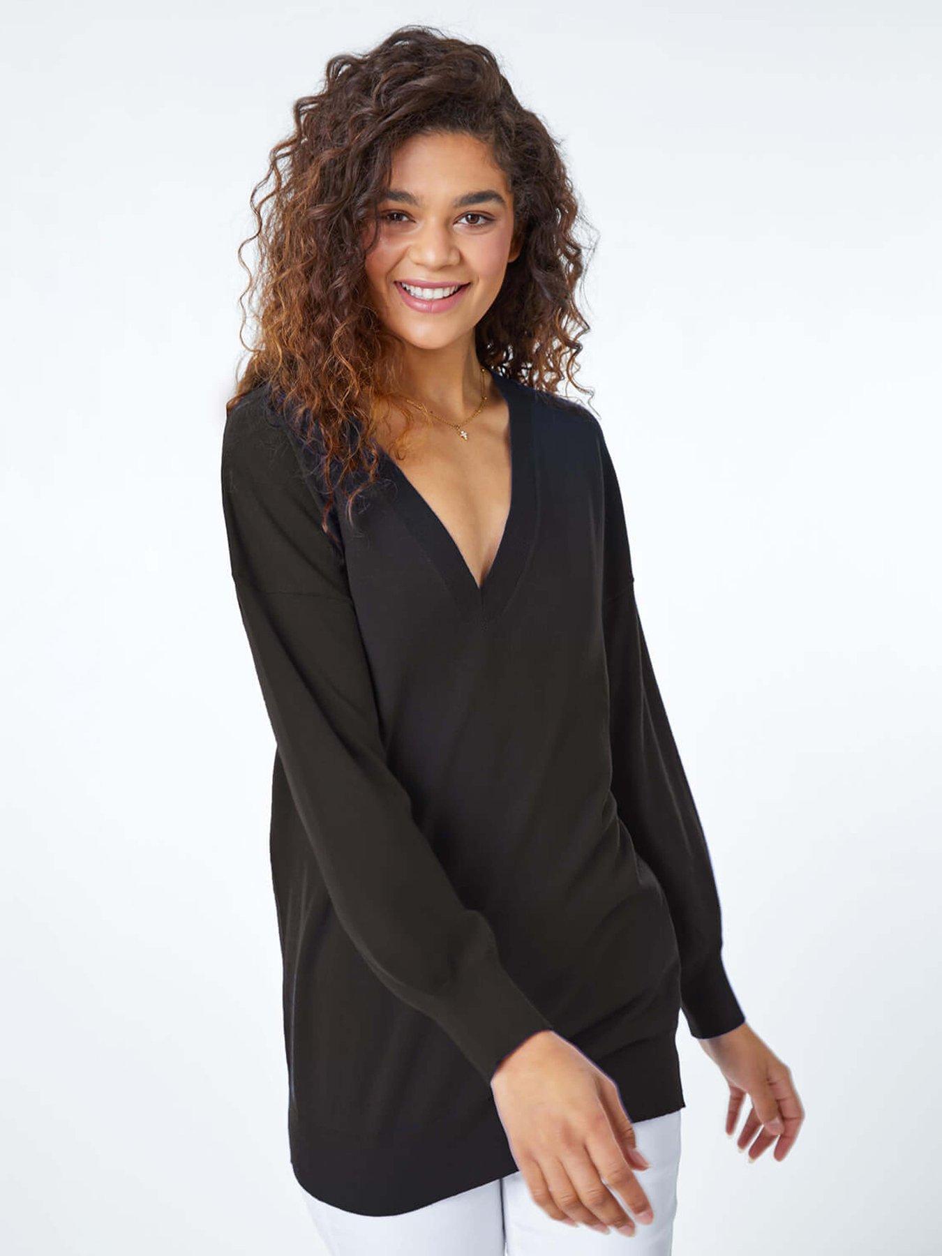roman-plain-stretch-v-neck-longline-jumper-blackdetail