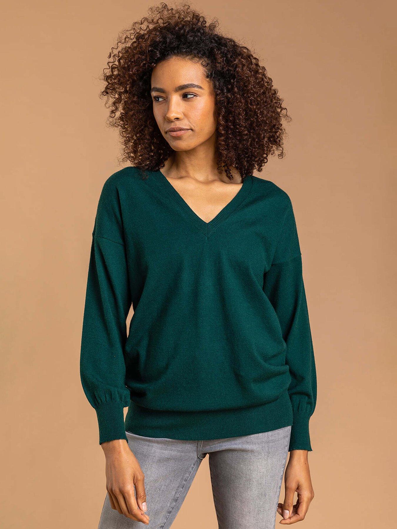roman-plain-v-neck-stretch-longline-jumper-dark-greenfront
