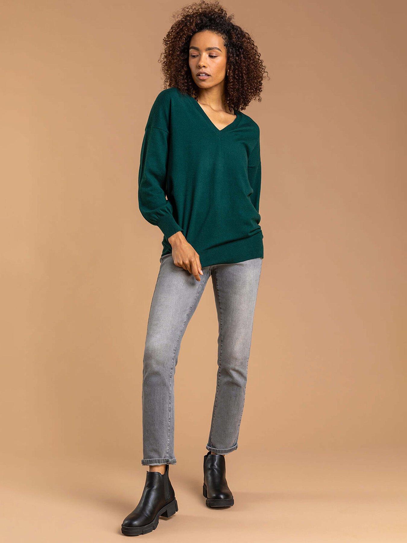 roman-plain-v-neck-stretch-longline-jumper-dark-greenback