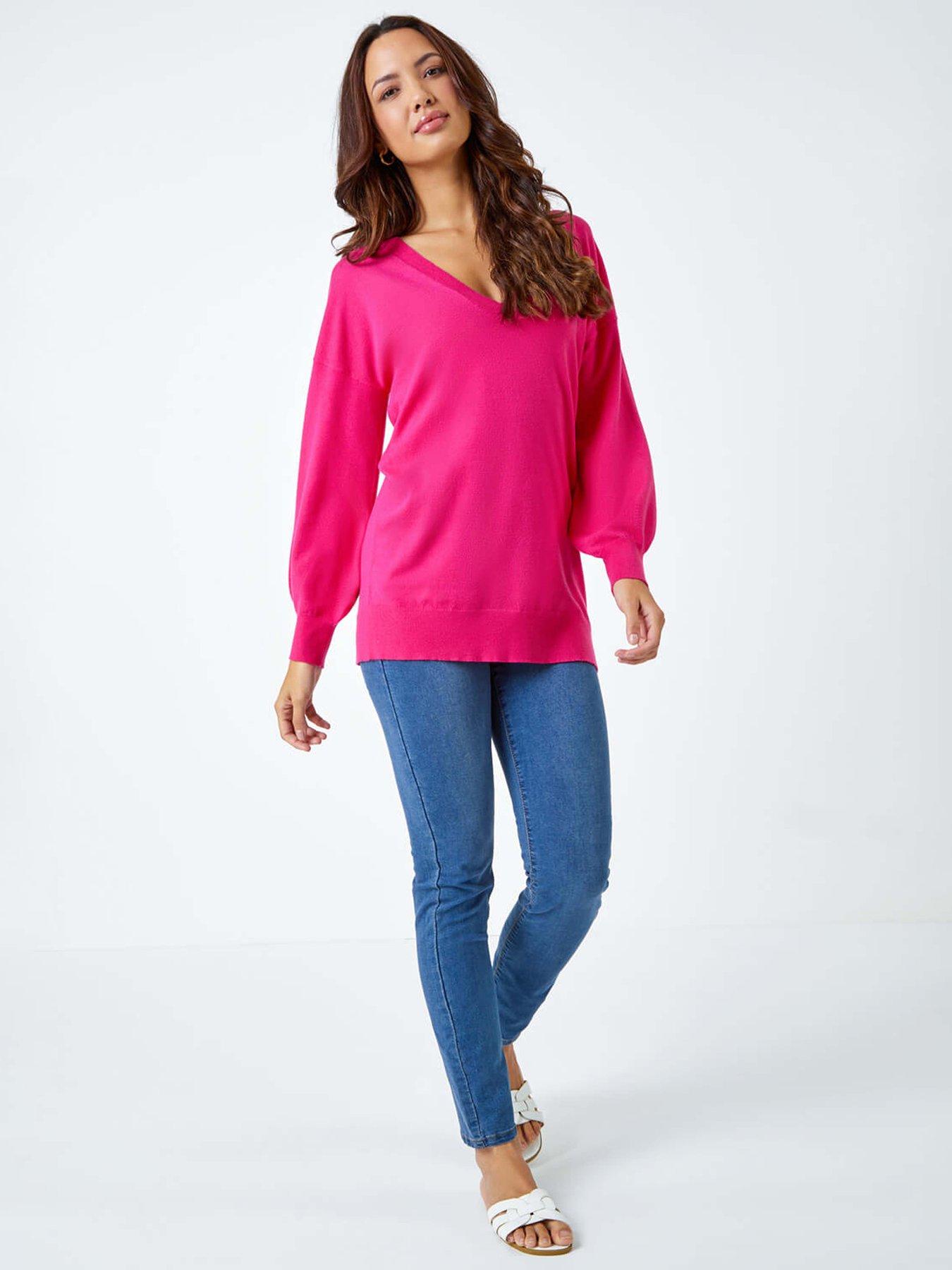 roman-plain-stretch-v-neck-longline-jumper-fuchsiaback