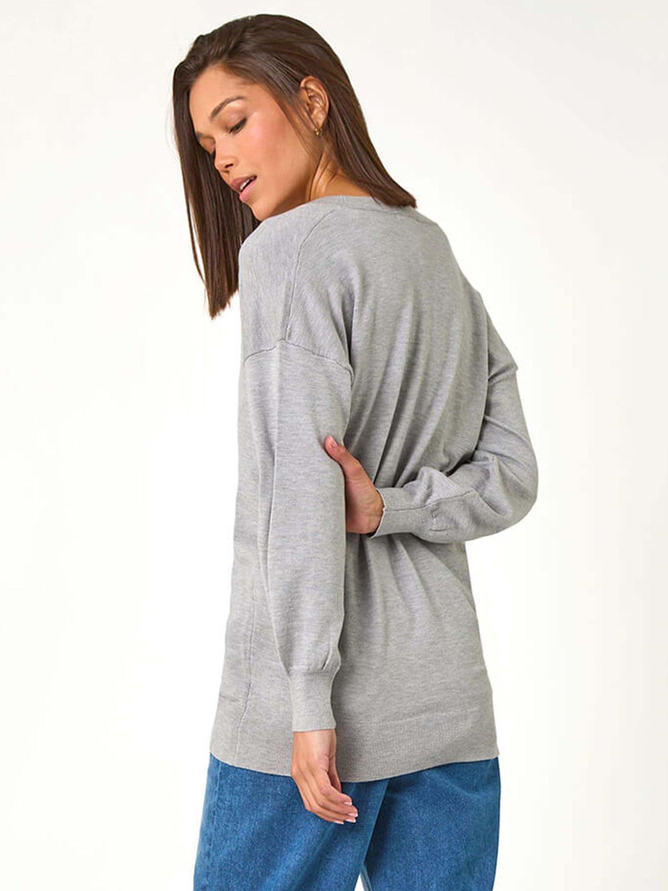 roman-plain-v-neck-stretch-longline-jumper-greystillFront