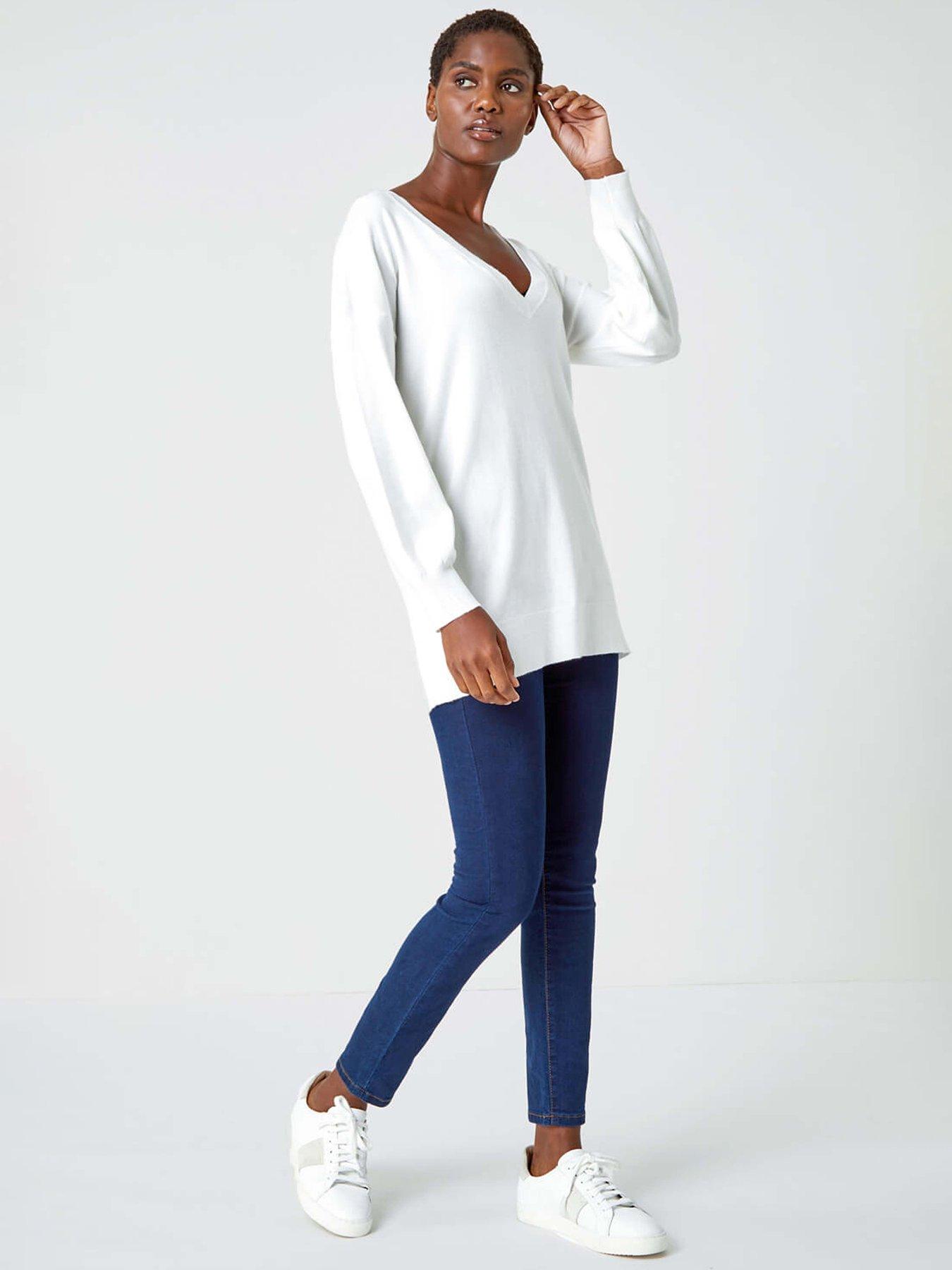 Roman Plain Stretch V-neck Jumper - Ivory