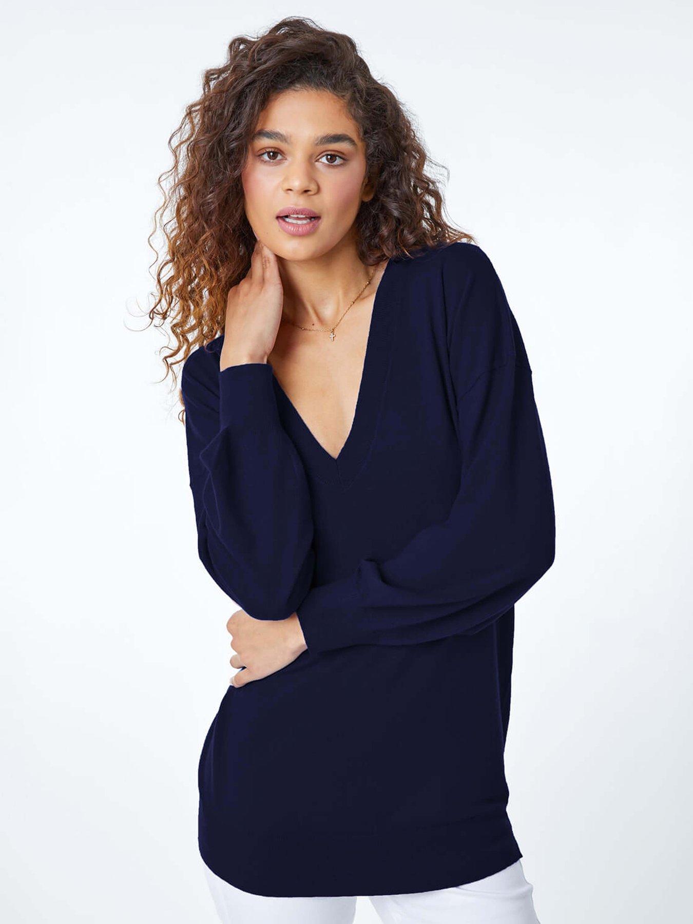 Roman Plain Stretch V-neck Longline Jumper - Navy