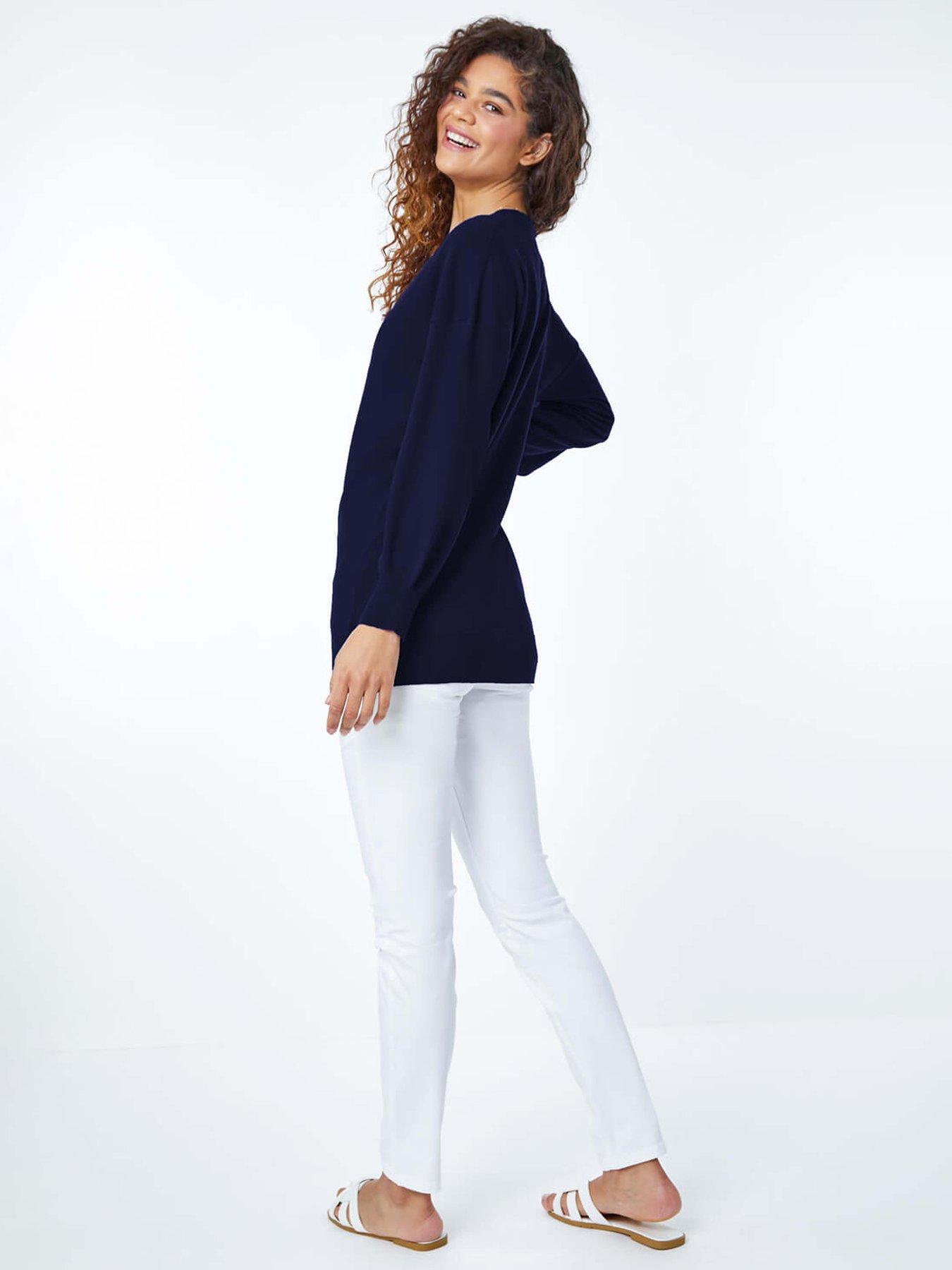 roman-plain-stretch-v-neck-longline-jumper-navystillFront