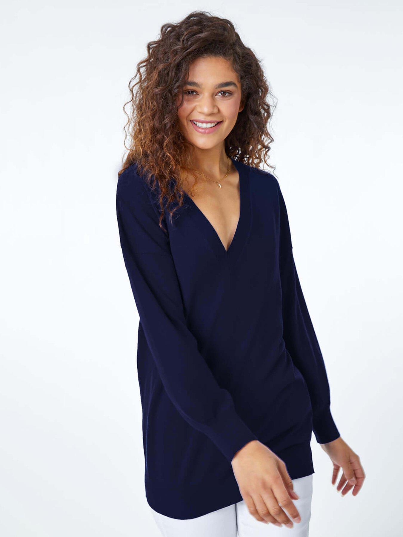 roman-plain-stretch-v-neck-longline-jumper-navydetail