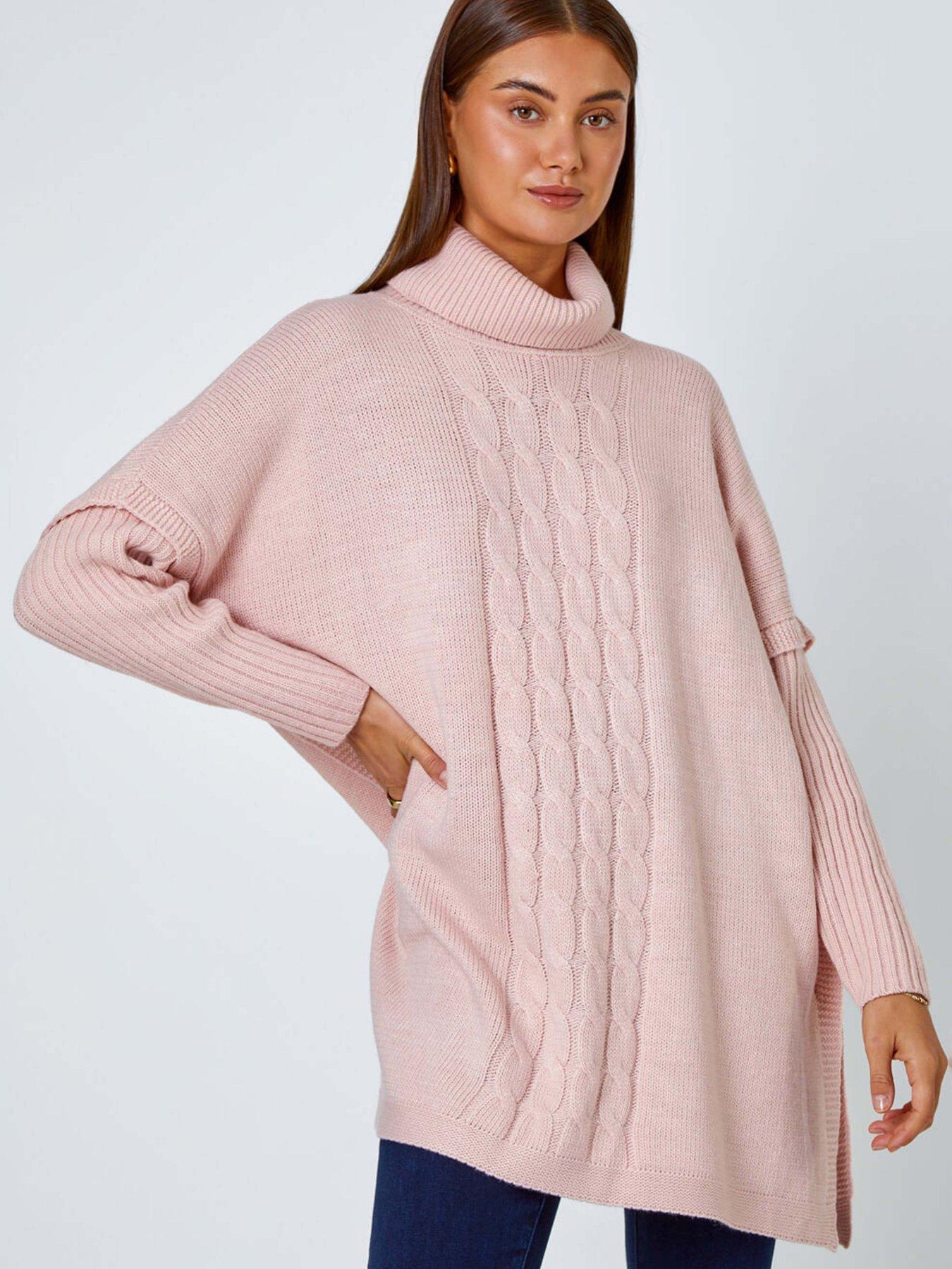 Roman Cable Knit Roll Neck Poncho Jumper - Pink