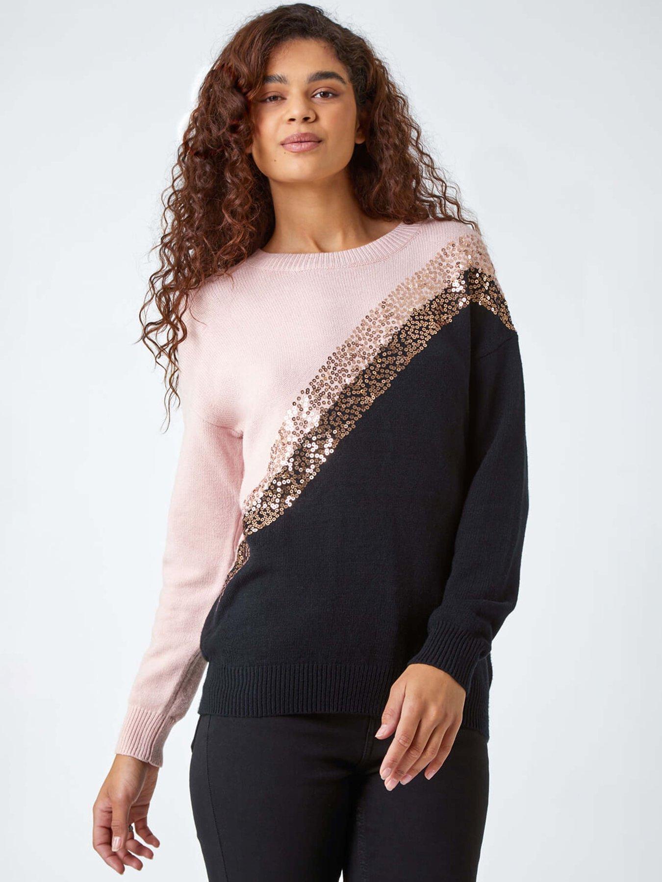 roman-sequin-embellished-colourblock-jumper-black