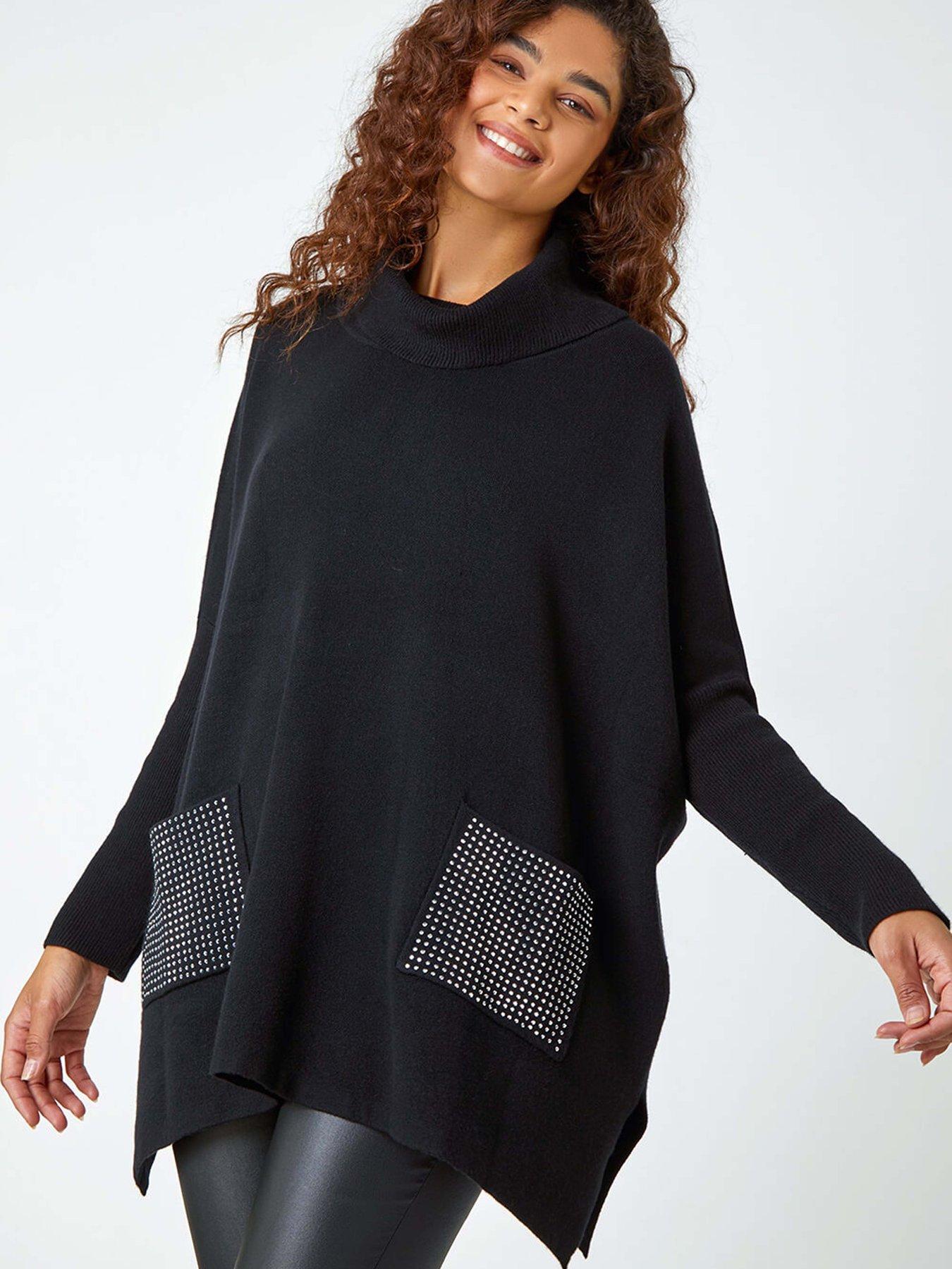 Roman Sparkle Pocket Poncho Jumper - Black