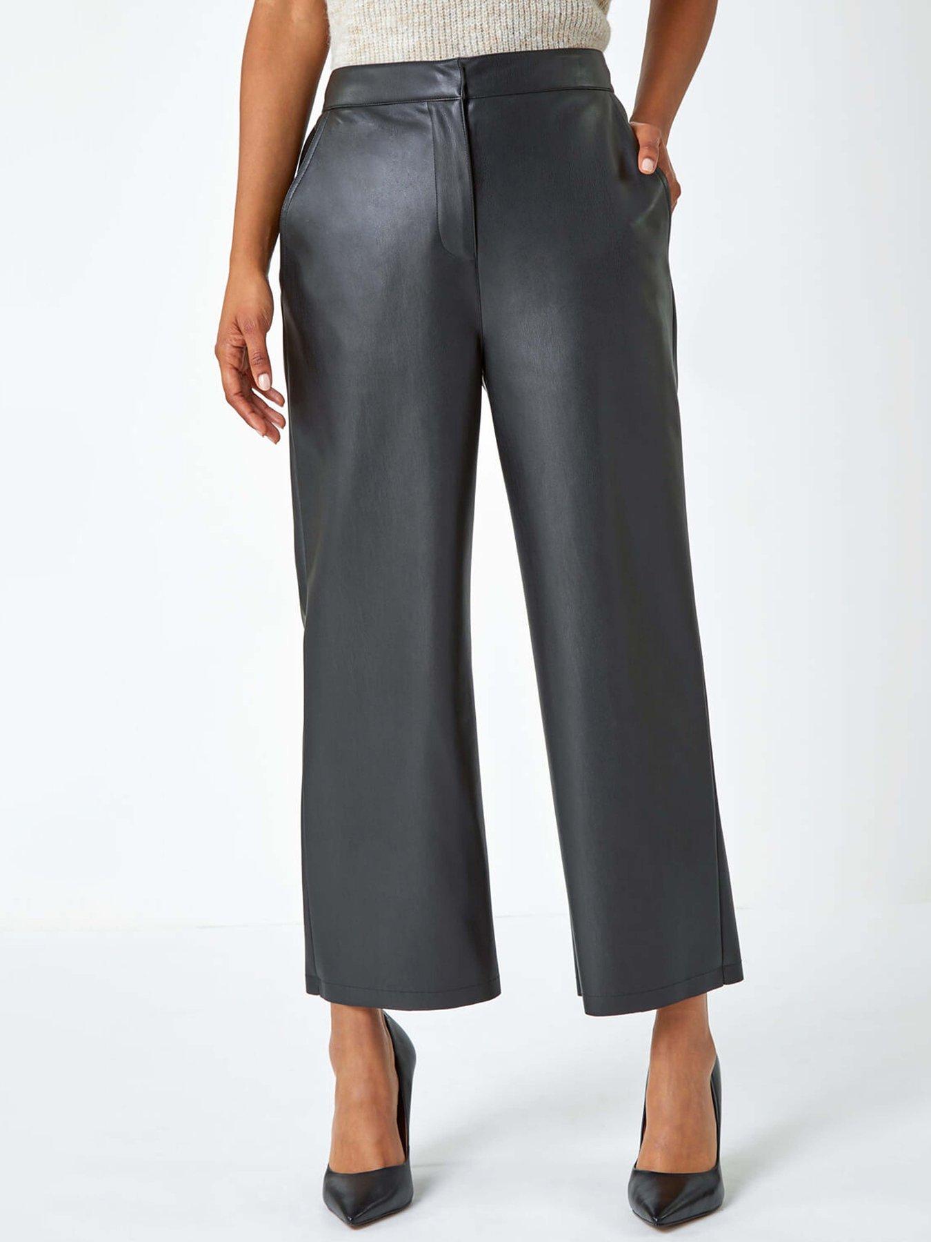 Roman Faux Leather Wide Leg Crop Trousers - Black