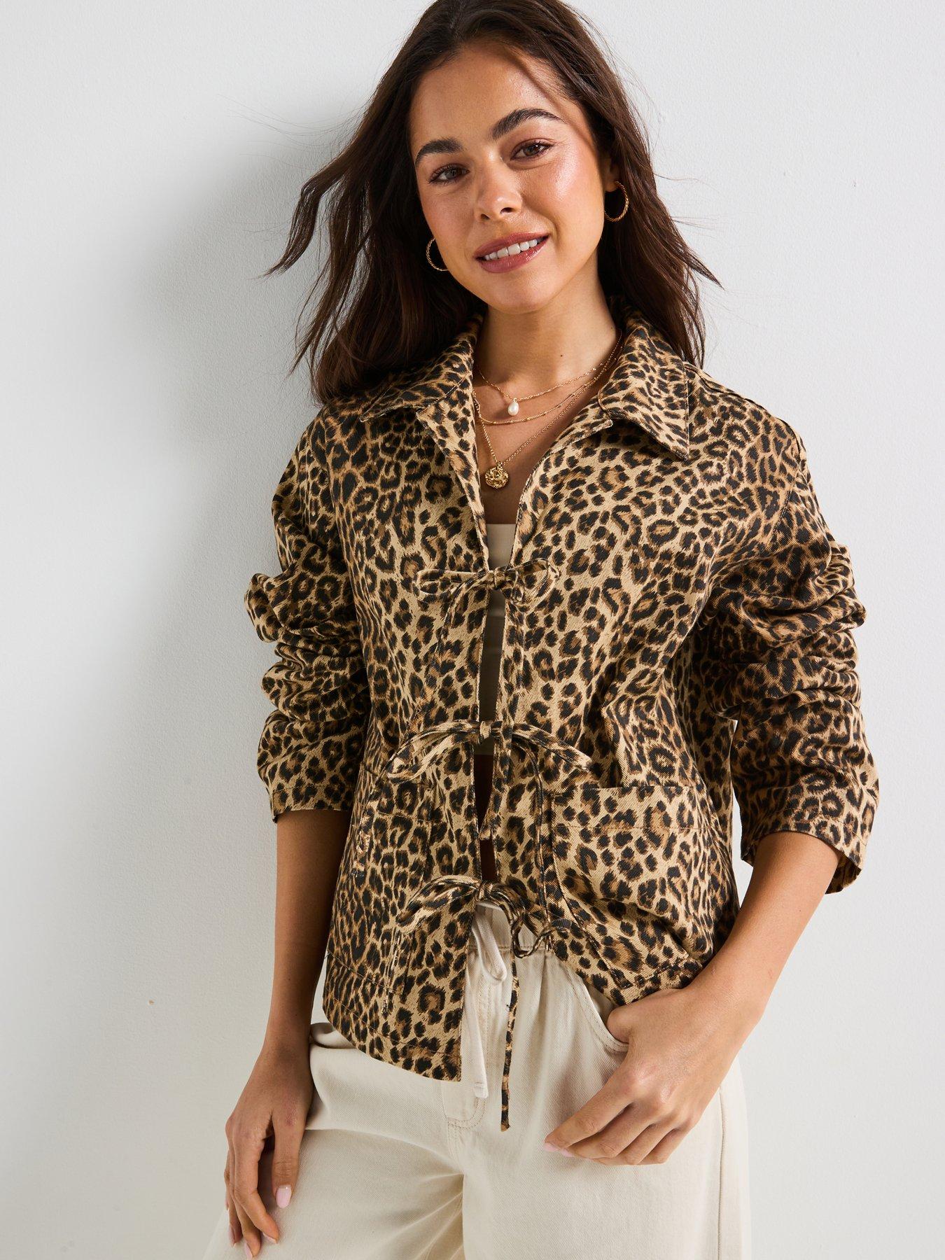 undefined Leopard Print Tie Front Denim Jacket - Multi