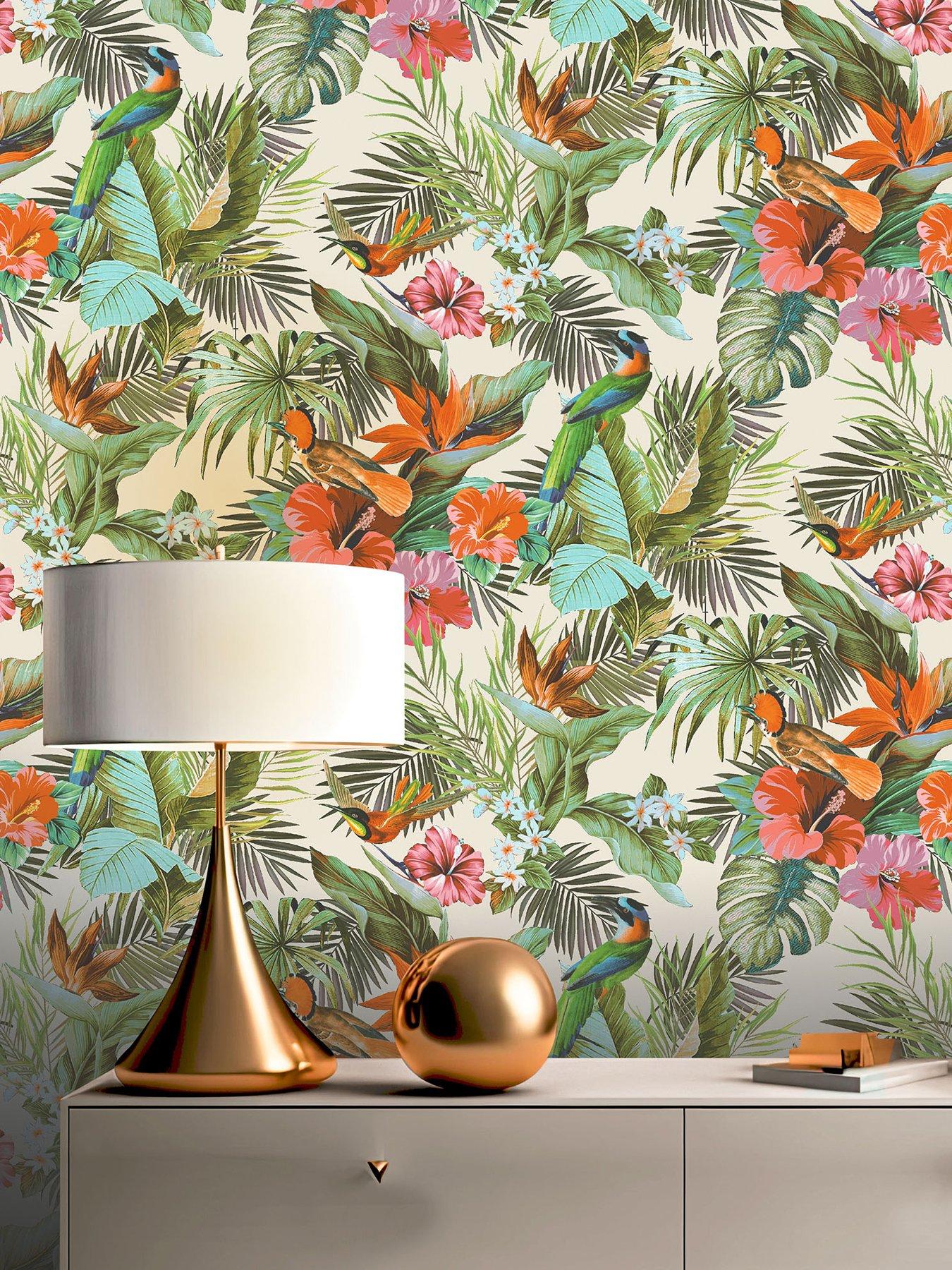undefined Paradise Birds Heavyweight Vinyl Wallpaper in White/Multi