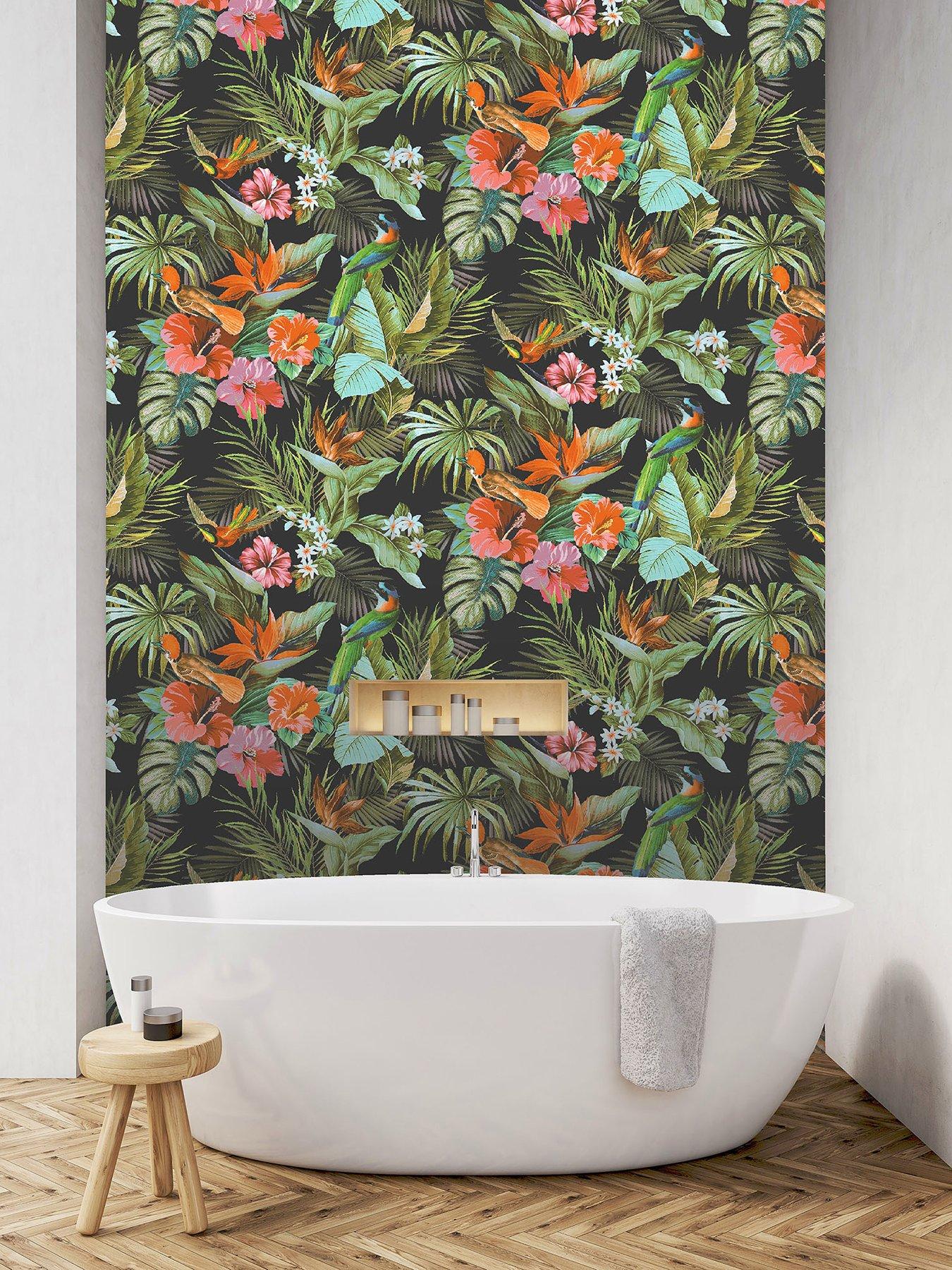 Image 2 of 6 of Rasch Paradise Birds Heavyweight Vinyl Wallpaper in Black/Multi