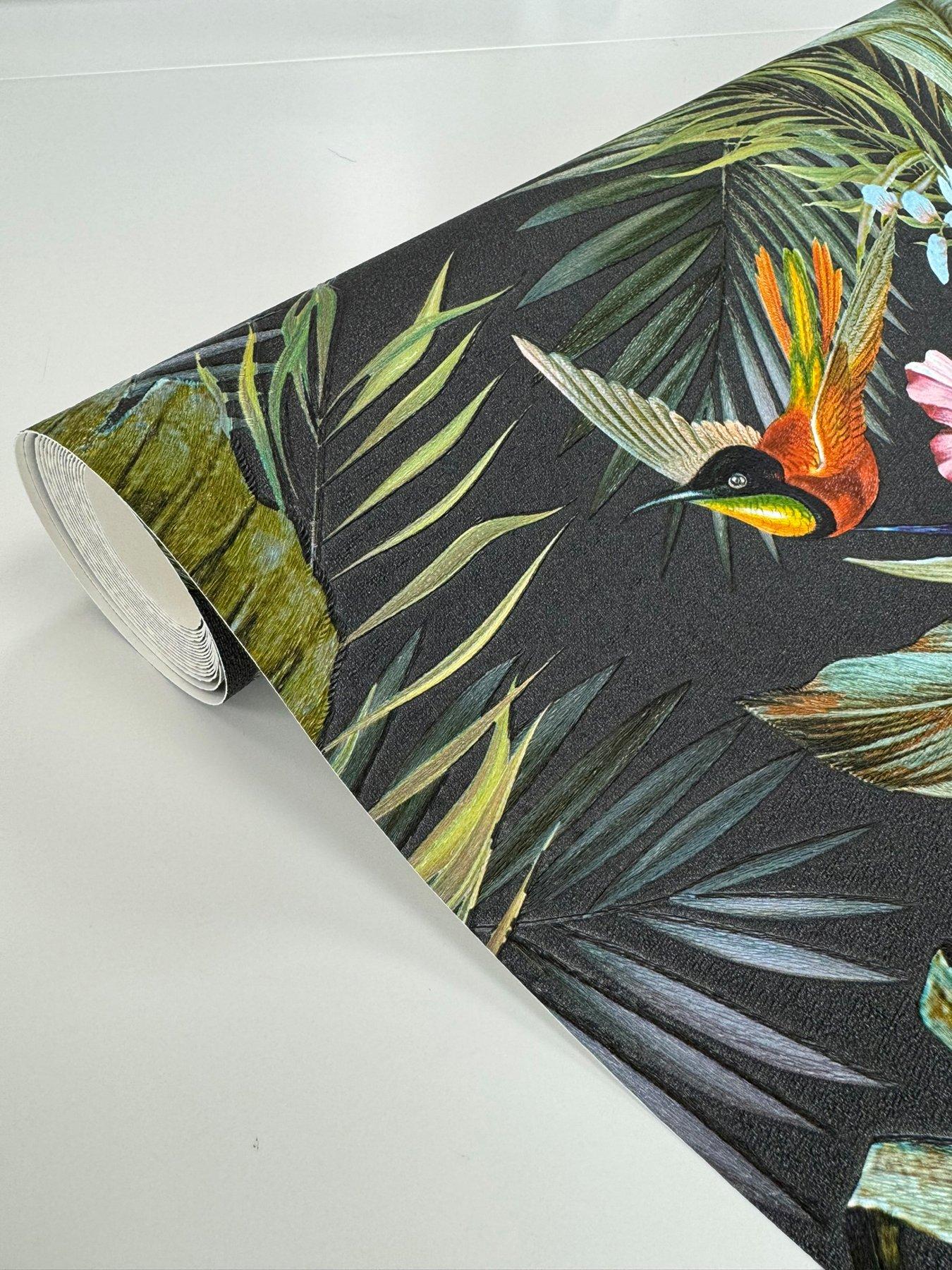 Image 5 of 6 of Rasch Paradise Birds Heavyweight Vinyl Wallpaper in Black/Multi