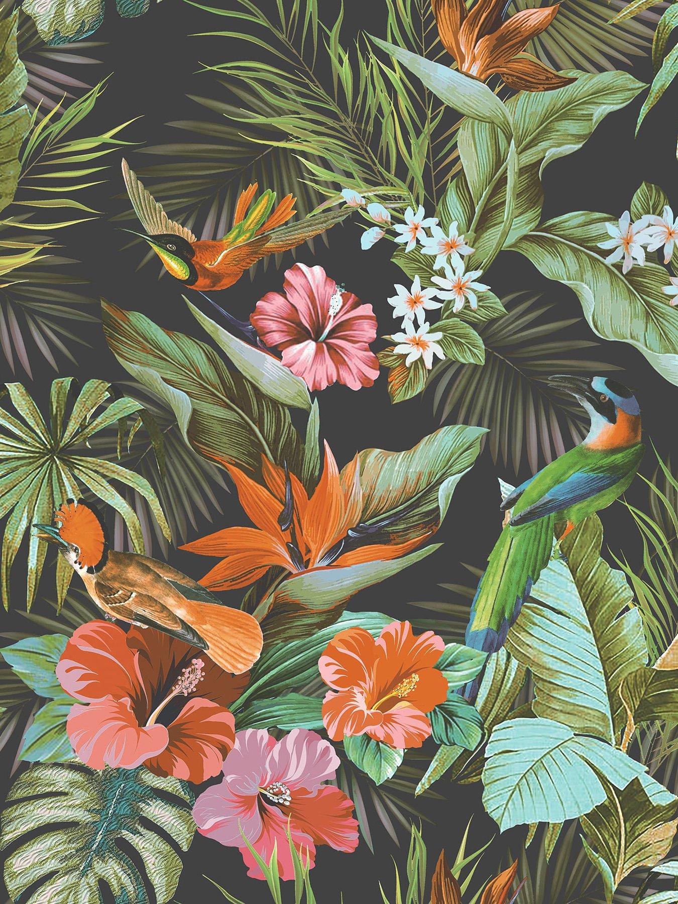 Image 6 of 6 of Rasch Paradise Birds Heavyweight Vinyl Wallpaper in Black/Multi