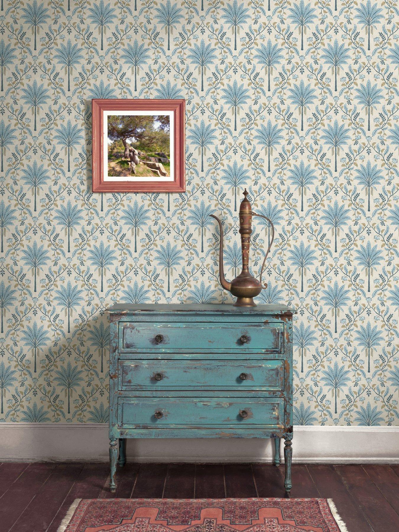 Image 3 of 5 of Holden Decor Palm Trellis Wallpaper - Blue