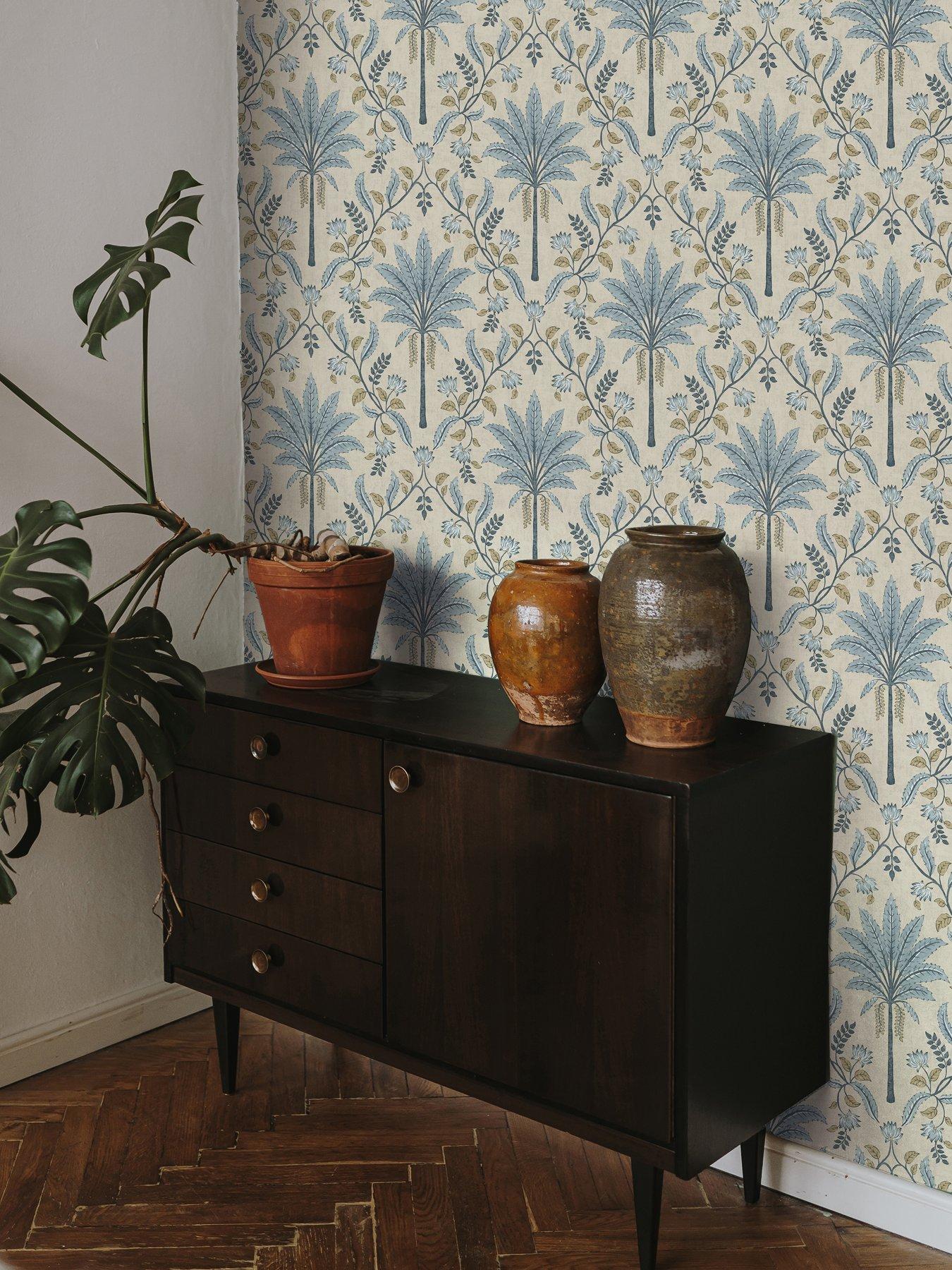 Image 4 of 5 of Holden Decor Palm Trellis Wallpaper - Blue