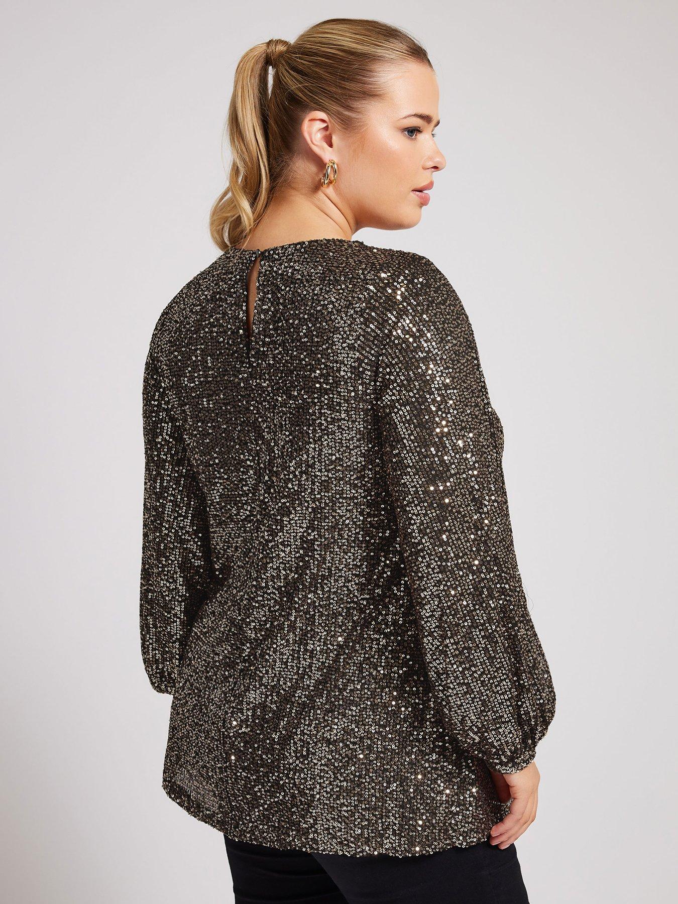 yours-curve-sequin-keyhole-bellow-sleeve-top-goldstillFront